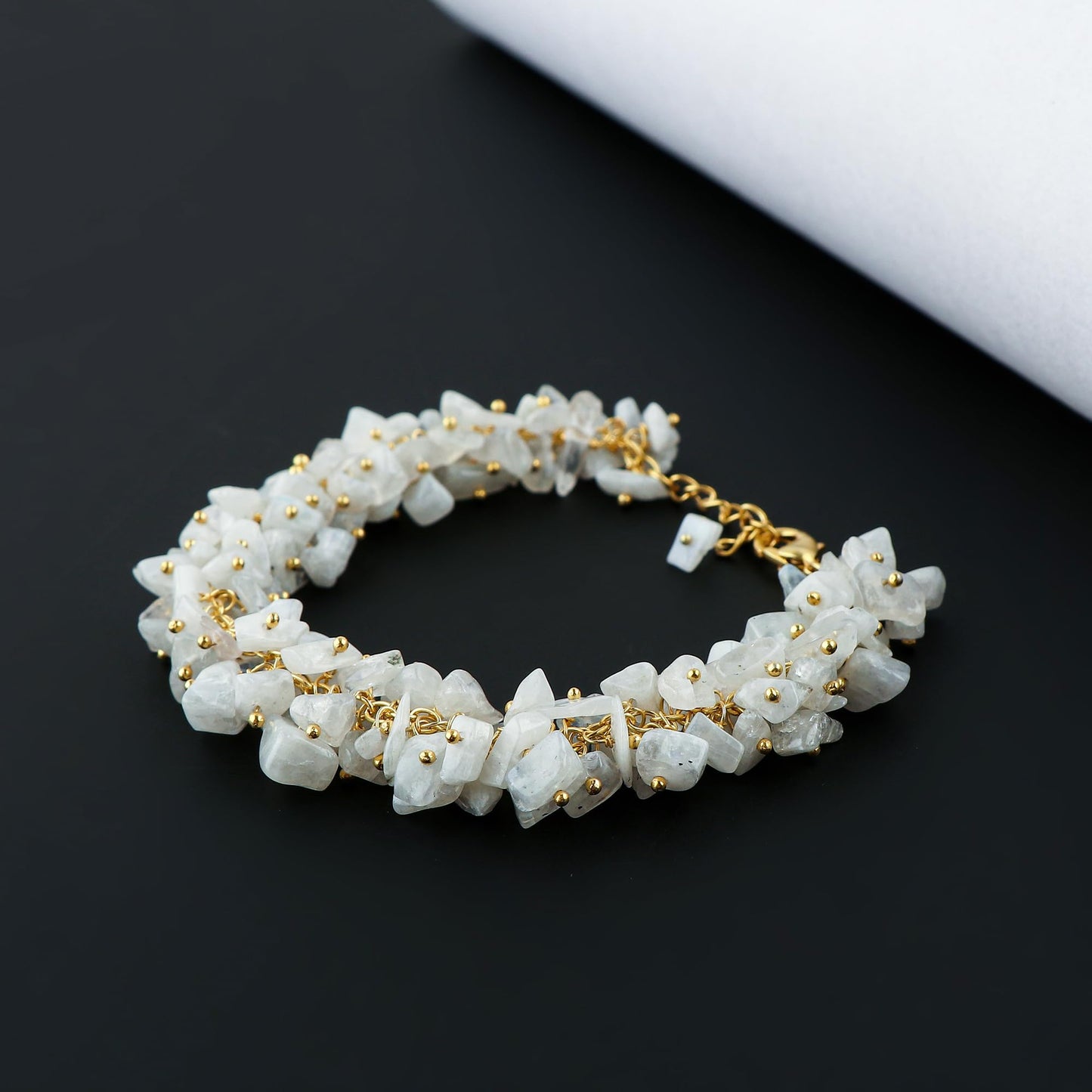 CRYSTALINES Natural White Moonstone Gemstones Cluster Bracelet, Handmade Bohemian Jewelry, Chips Nuggets Beads Stones, Healing Crystals, 14K Gold Plated Chain, Christmas Gift for Women, 8inch