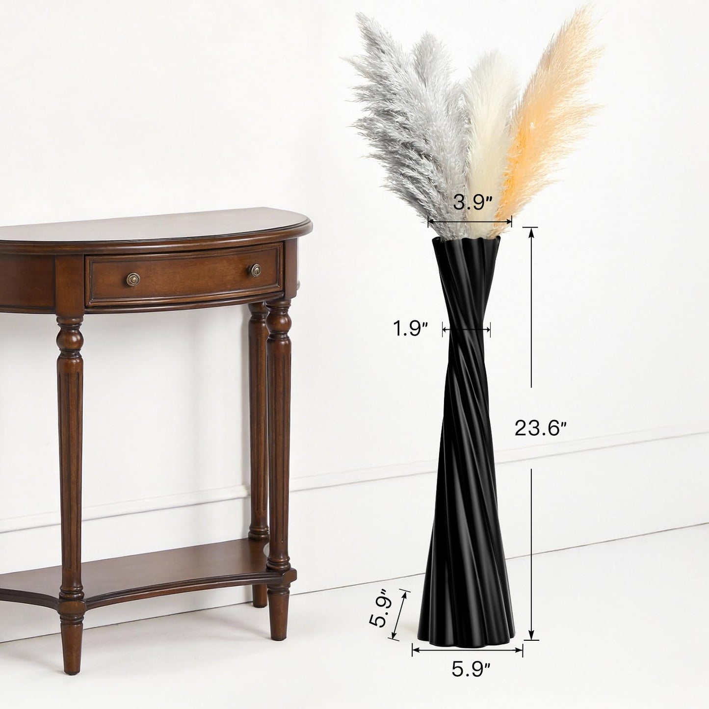 Tall Black Floor Vase 23.6″ – Glossy Twisted Resin Decorative Floor Vase for Pampas Grass, Branches & Dried Flowers, Modern Farmhouse Indoor Home Decor