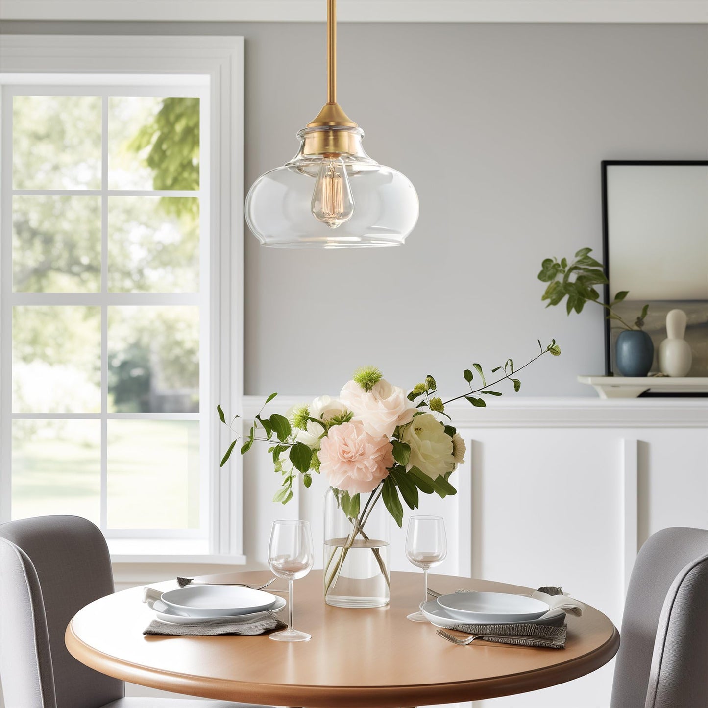 Kira Home Harlow 9" Modern Schoolhouse Pendant Light with Clear Glass Shade, Industrial Farmhouse Hanging Light with Schoolhouse Glass, Warm Brass Finish