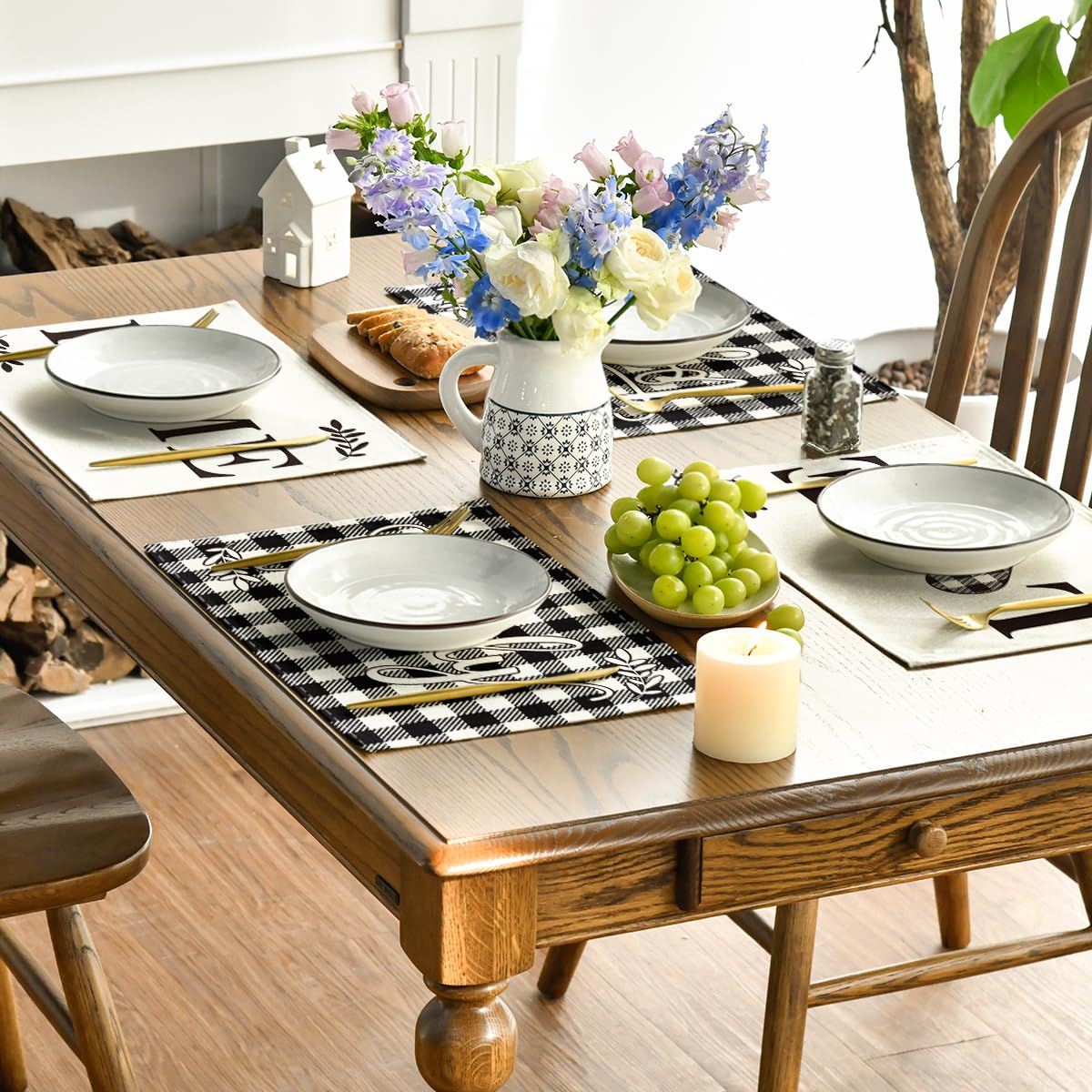 Artoid Mode Love Family Together Home Buffalo Plaid Placemats for Dining Table, 12 x 18 Inch Holiday Vintage Thanksgiving Washable Table Mat Set of 4