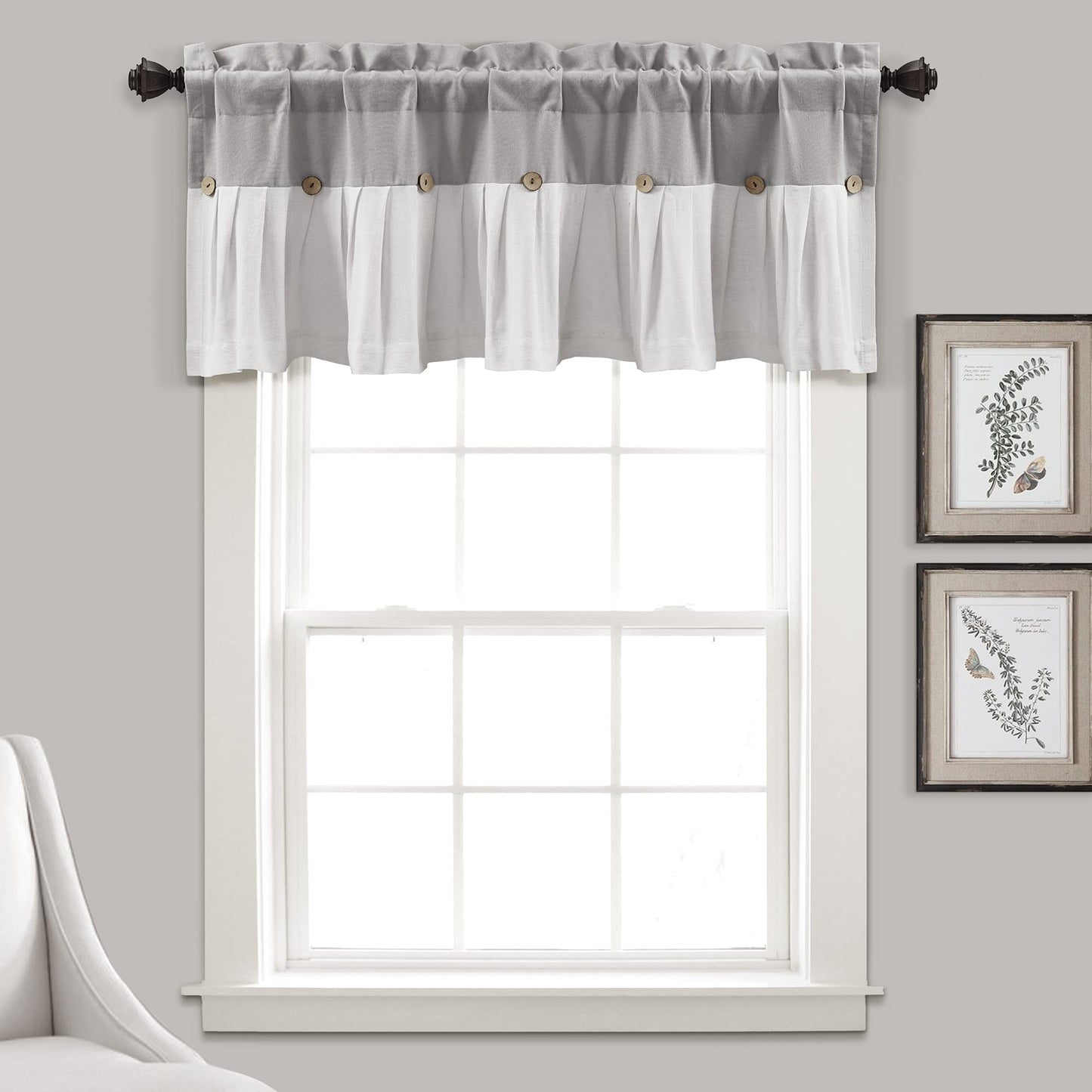 Lush Decor Linen Button Farmhouse Valance Curtians 52"W x 18"L Gray & Off White - Linen Valances For Windows - Kitchen Curtains Valances