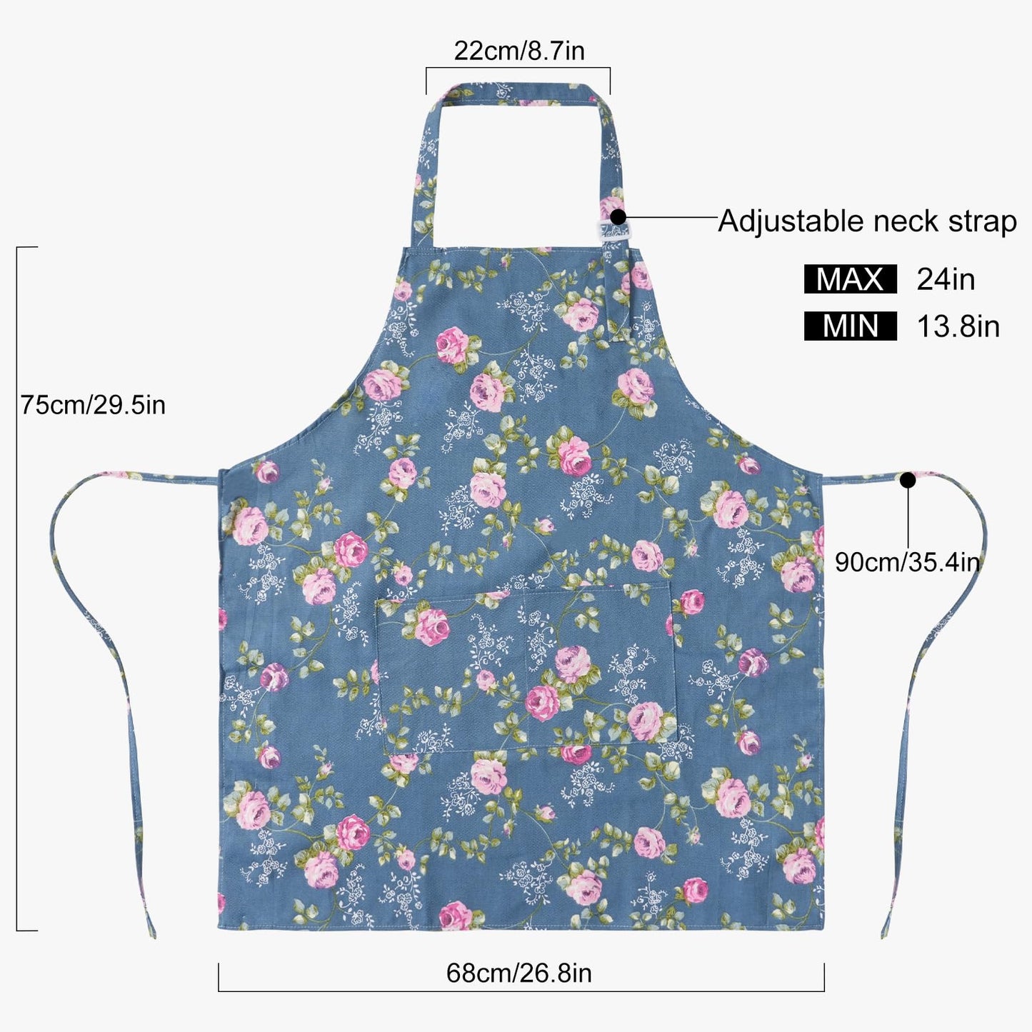 DILLMAN Aprons for Women with Pockets Cotton Linen Cooking Kitchen Baking Soft Durable Floral Gardening Apron (Blue)