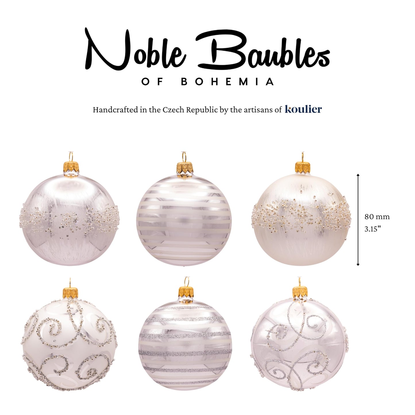 Luxury Handcrafted European Glass Christmas Ball Ornaments - Set of 6 - Silver & White - Satin & Shine - 8 cm - Mouth-Blown & Hand-Painted