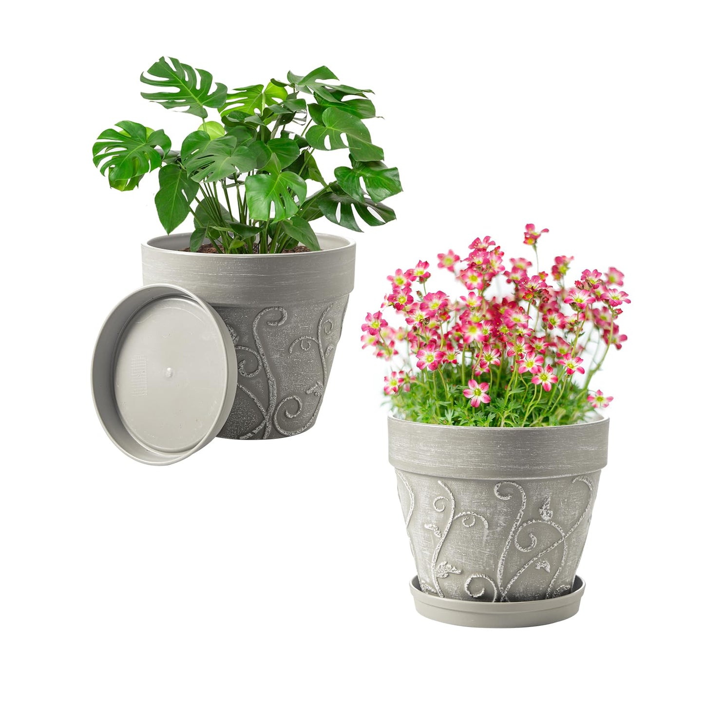 Melphoe Plant Pots Indoor with Drainage & Saucer, 2Pack 7 inch Flower Pots Outdoor Planters for Indoor Plants Garden Home Decor Cactus Succulent, Rigid Plastic (Imitation-Terracotta) Vine-Embossed