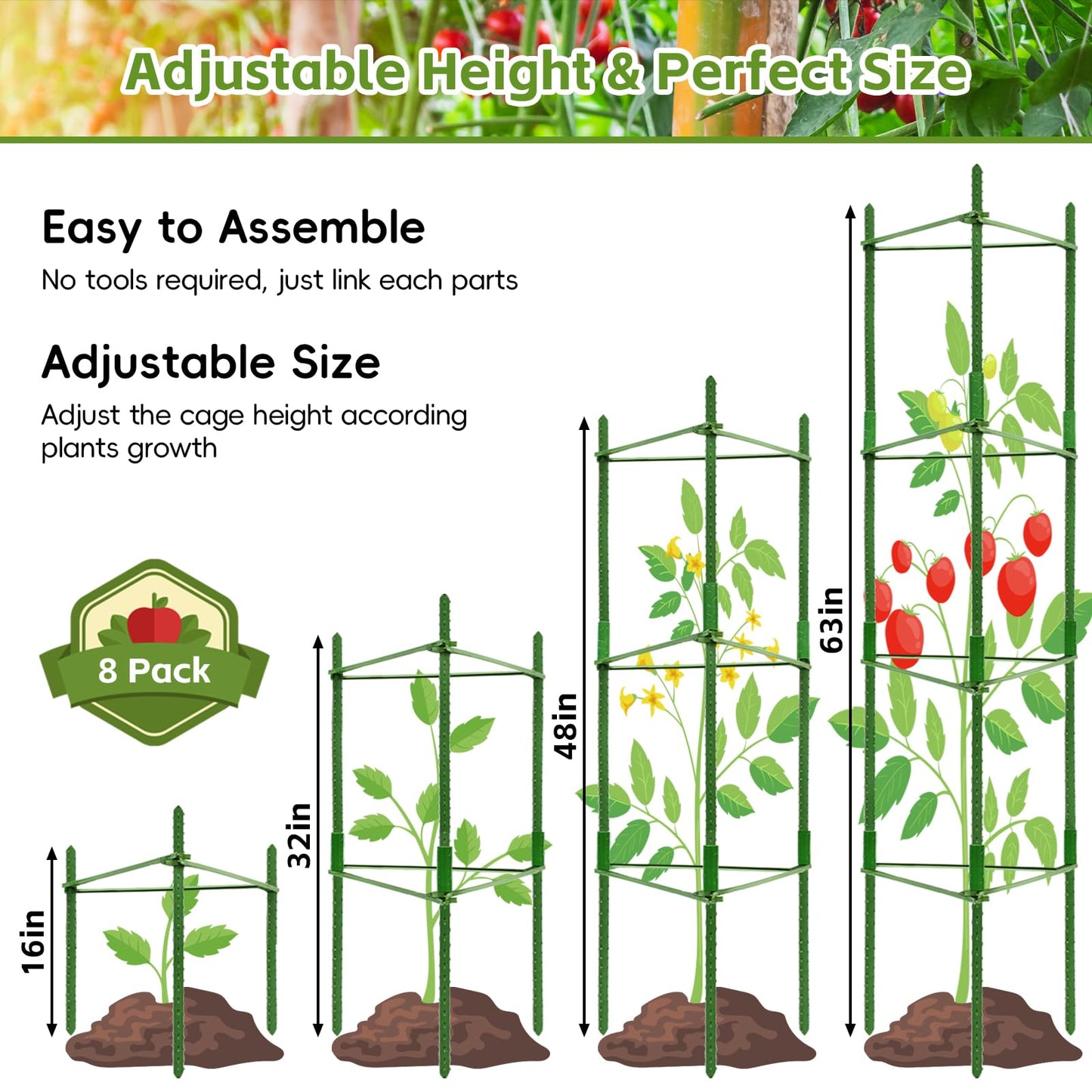 Riare 8 Pack 4 FT Tomato Cages for Garden- 48inches Heavy Duty Garden Stakes, Adjustable Tall Tomato Plant Support Tomato Trellis Cage for Pots, Raised Garden Bed, Climbing Vegetables Plants Flowers