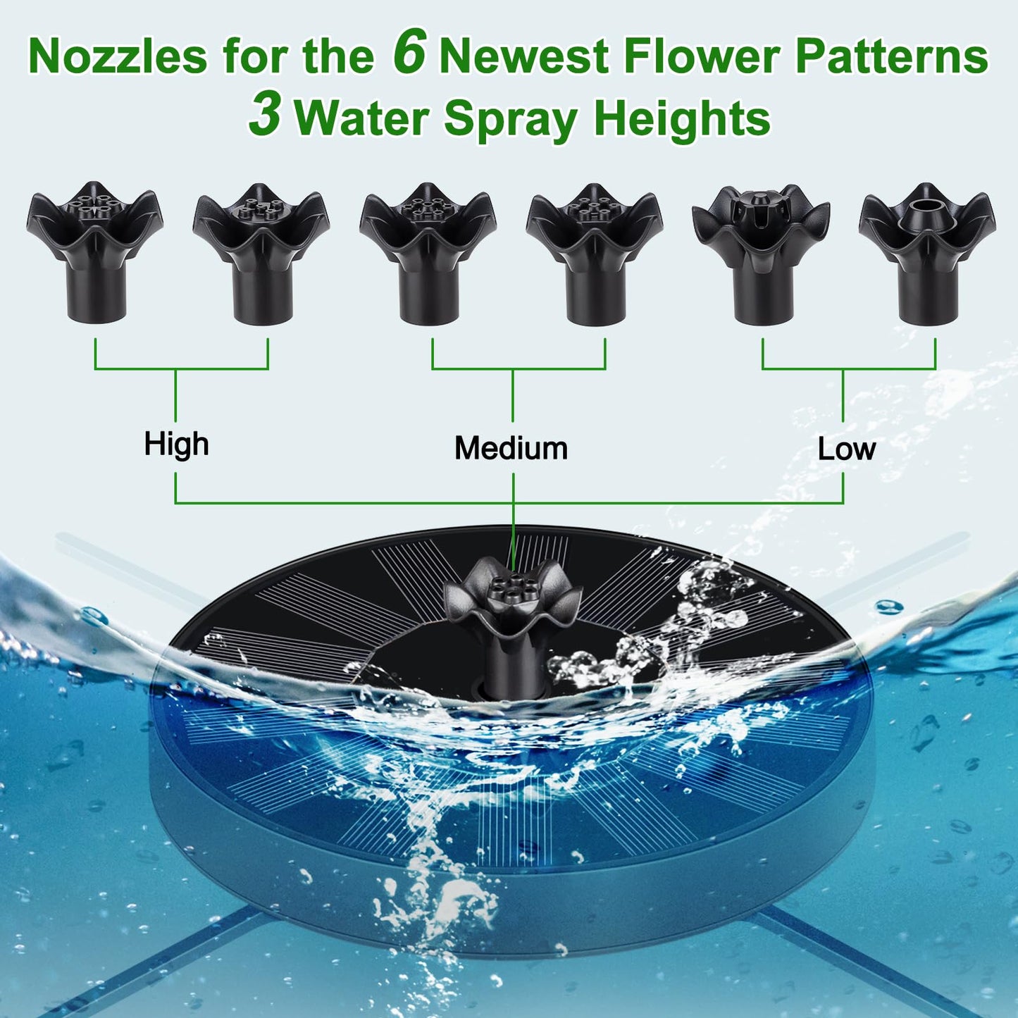 SEIRMEP Solar Fountain Pump with Spray Height Adjustment, Upgrade Glass Solar Bird Bath Fountains with 6 Nozzles, Outdoor Solar Water Fountain Pump for Bird Bath, Garden, Pool, Pond