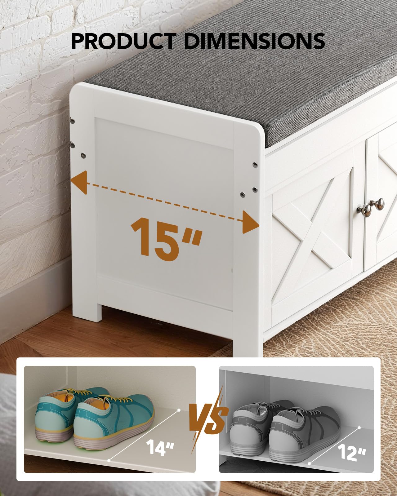 Amada Farmhouse Shoe Storage Bench with Cushion, 3 Doors & Lift-Top Storage, Adjustable Shelves, 300 lbs Capacity Entryway Bench for Bedroom, Living Room, Classic White