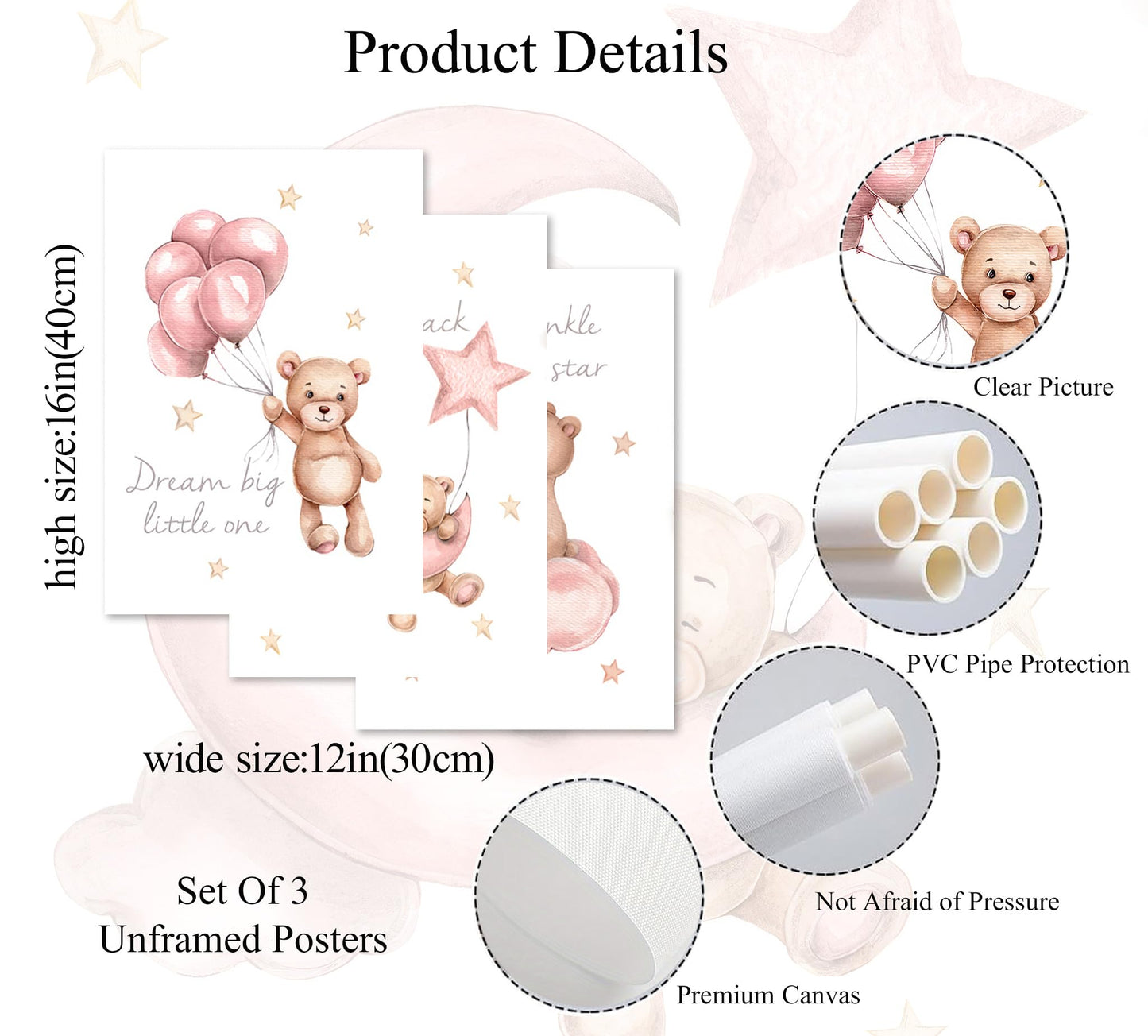 3Pcs Pink Teddy Bear Nursery Wall Art Prints, Dream Big Little One I Love You to the Moon and Back Twinkle Twinkle Little Star Posters, Baby Girl Room Decor for Nursery Playroom 12x16in Unframed