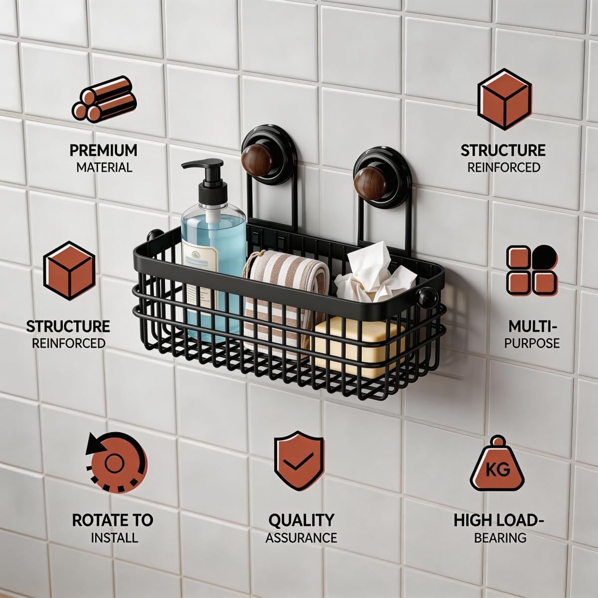 XIKEMADI Drill-Free Wall Mount Storage Basket, 11"x4.6"x3.9" Adhesive Mount Organizer for Kitchen & Bathroom, Waterproof Cotton Facial Tissue Holder for Counter (Black)