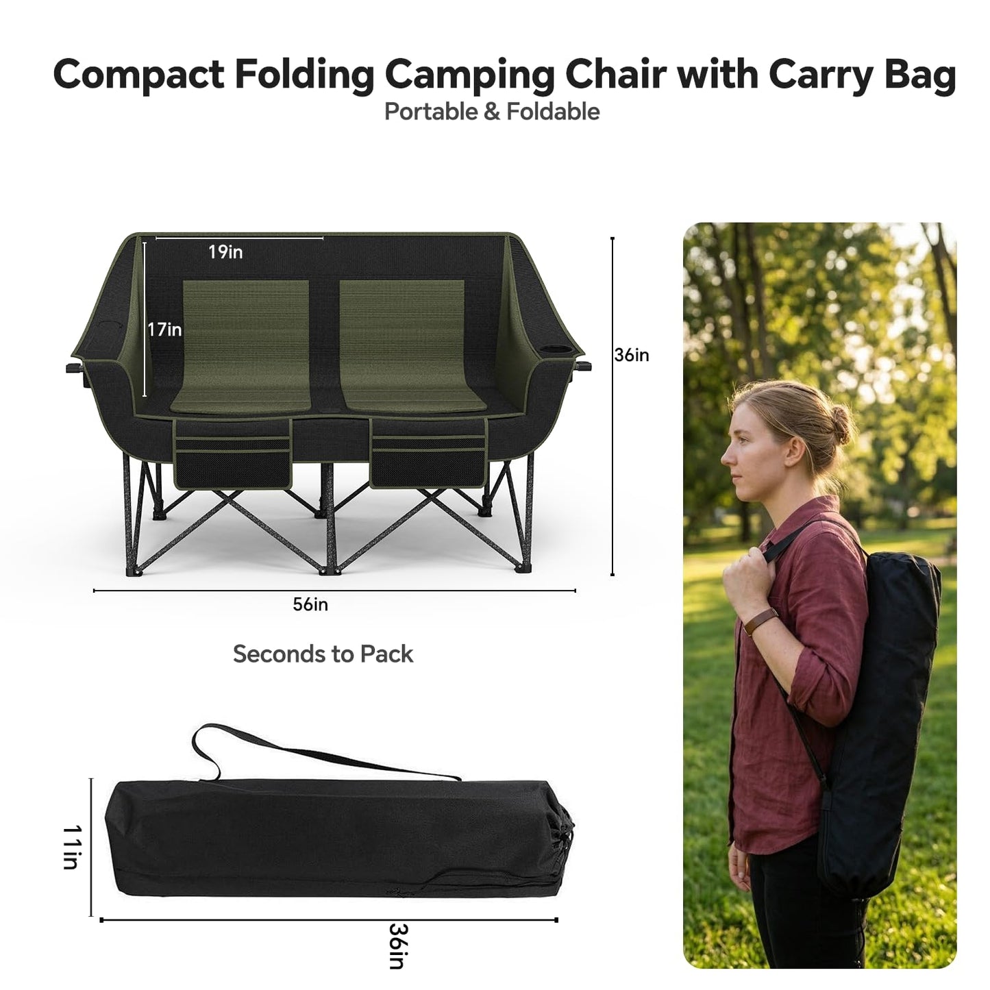 Heavy Duty Double Camping Chair with Padded Camping Loveseat – Oversized 2 Person Folding Camping Chair for Adults,Portable Camping Sofa with Cup Holders & Carry Bag for Outdoor Lawn, Beach or Patio