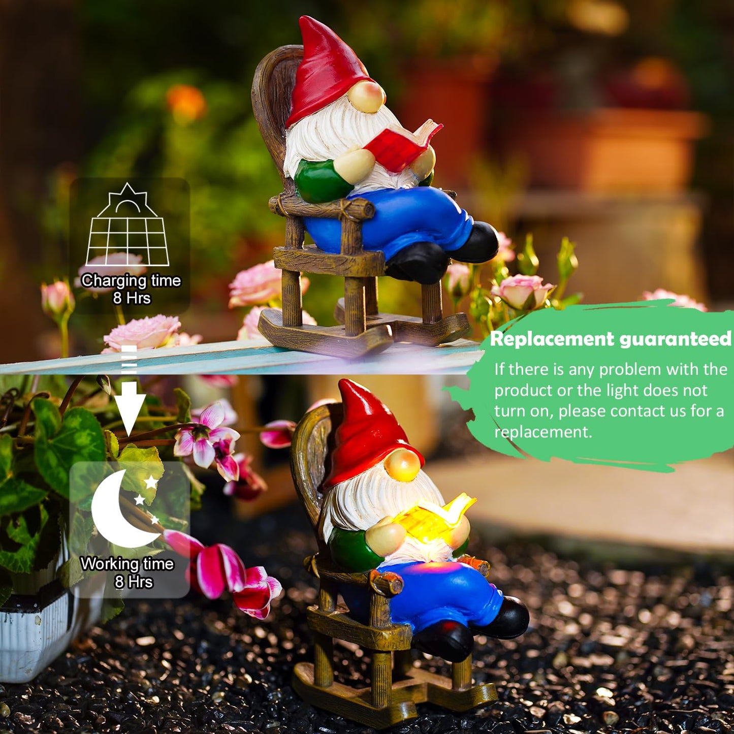 Tiejiajiang Gnome Reading Solar Statue - Outdoor Solar Gnome Reading on a Chair Garden Decor - Unique Design Ideal Gifts for Women,Mom