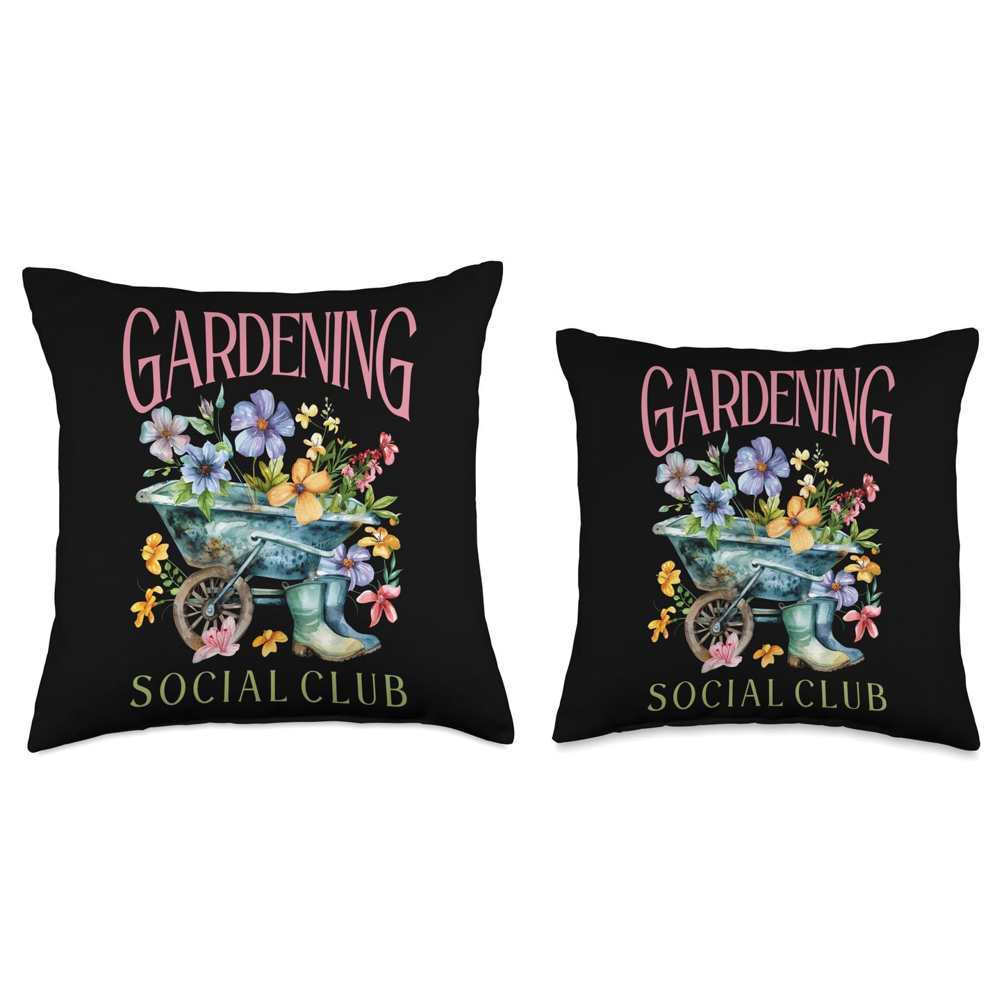 Gardening Social Club Floral Wheelbarrow Throw Pillow