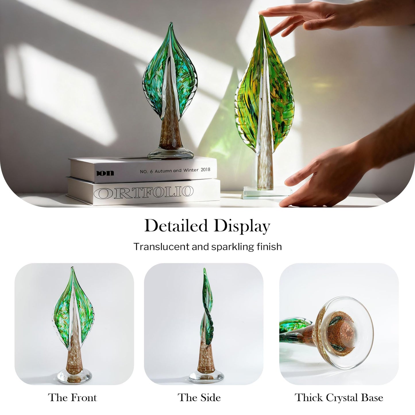 QFkris Blown Glass Tree of Life Leaf Sculpture for Home Decor, 12inch Hand Blown Glass Art Decorative Statue for Book Shelf Living Room Office Desk Home Decoration Accents Collectible Figurines