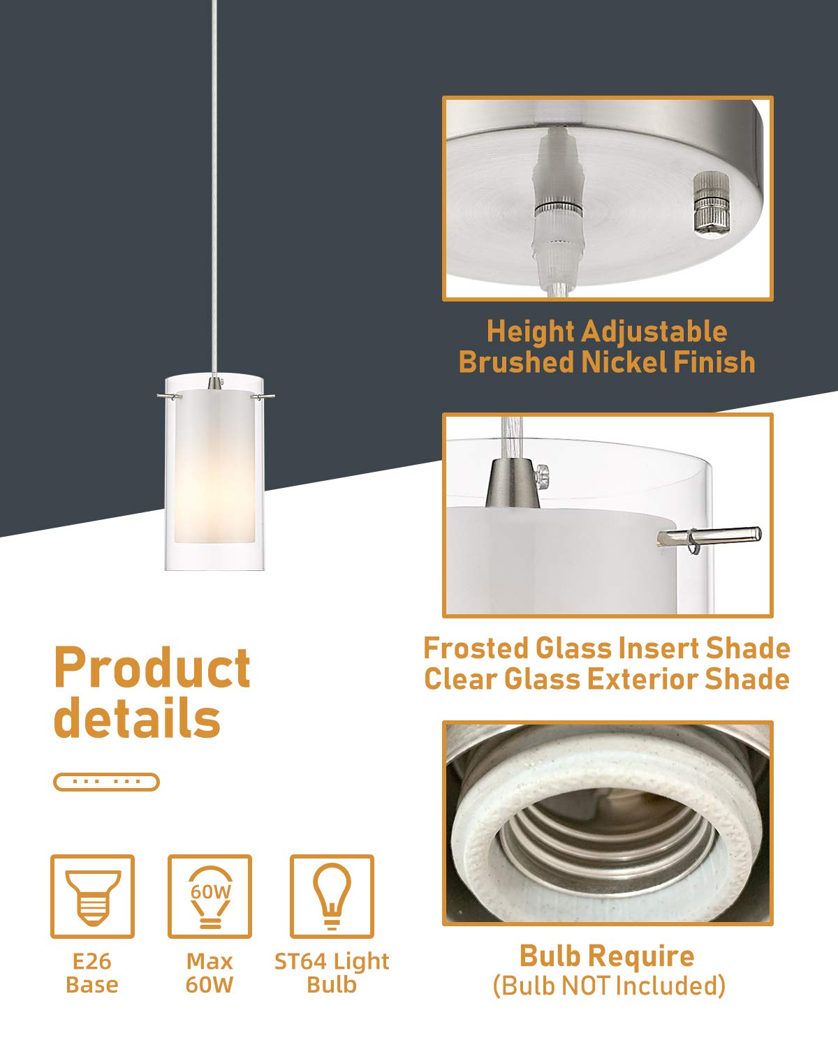 AKEZON 1-Light Pendant Light, Indoor Glass Hanging Light Fixture, Adjustable Height, Brushed Nickel Finish for Kitchen Dining Room, KP-506