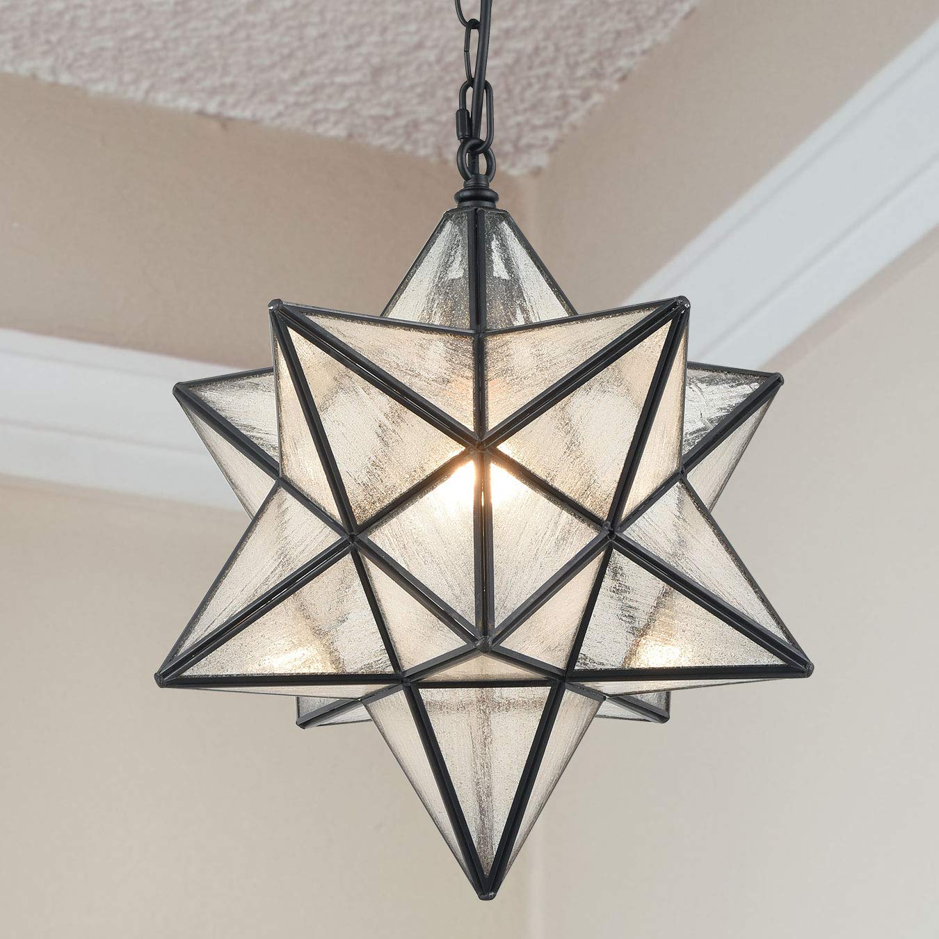 Modern Moravian Star Pendant Light Seeded Large Glass Hanging Lights with Adjustable Chain, 16'' Diameter Shade Lighting for Kitchen Porch Dining Foyer Bedroom