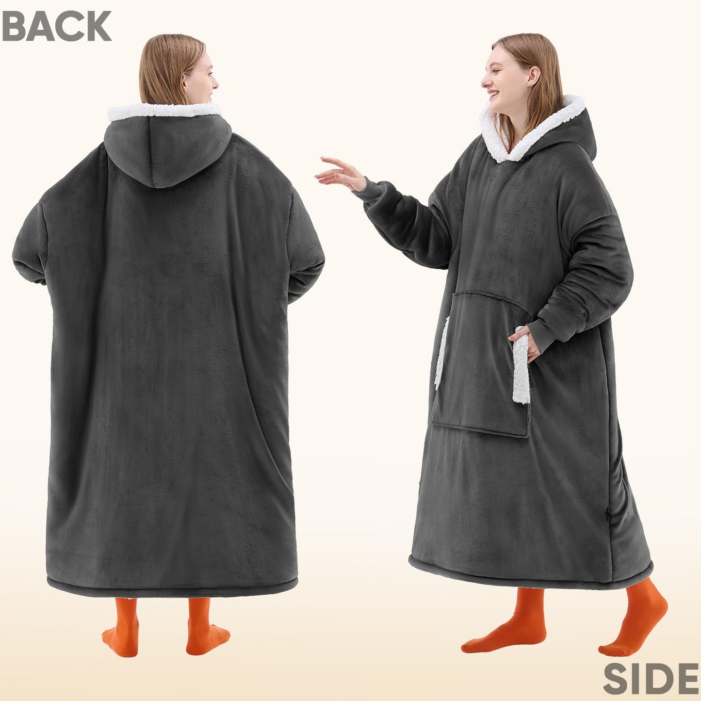 yescool Wearable Blanket Hoodie - Birthday Gifts for Women Mom Girlfriend, Oversized Flannel Sherpa Cozy Hooded Blanket Sweatshirt Adult With Hood Pocket & Sleeves, One Size Fits All (Grey)