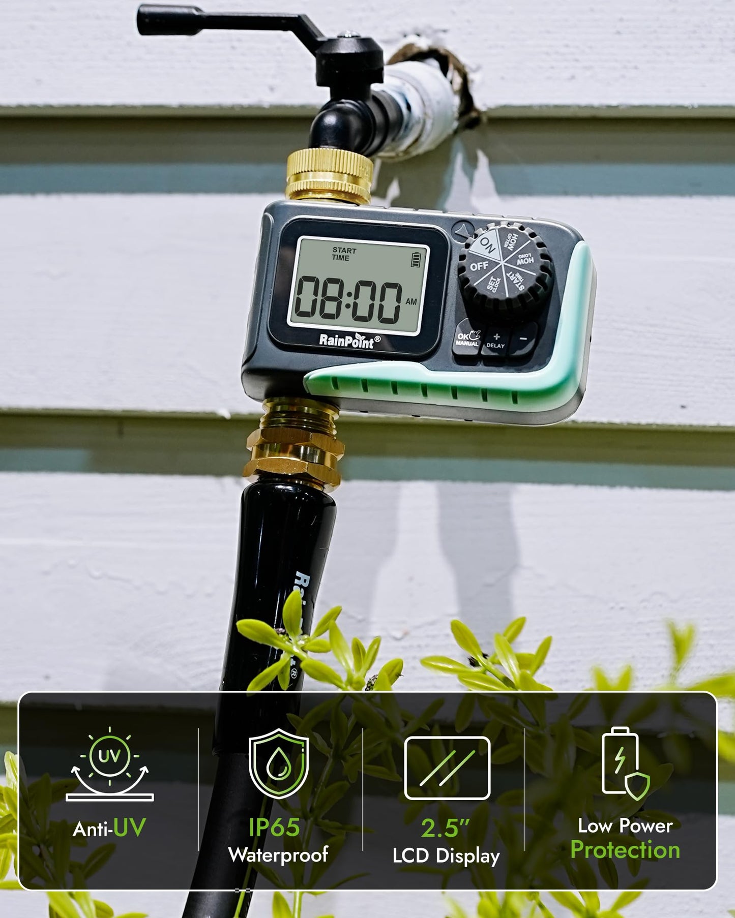 RAINPOINT Sprinkler Timer, 100% Metal Pipe Water Timer for Garden Hose, Programmable Hose Controller for Watering, Sprinkler Controller with Manual Watering/Rain Delay for Outdoor Lawn & Garden (1PCS)