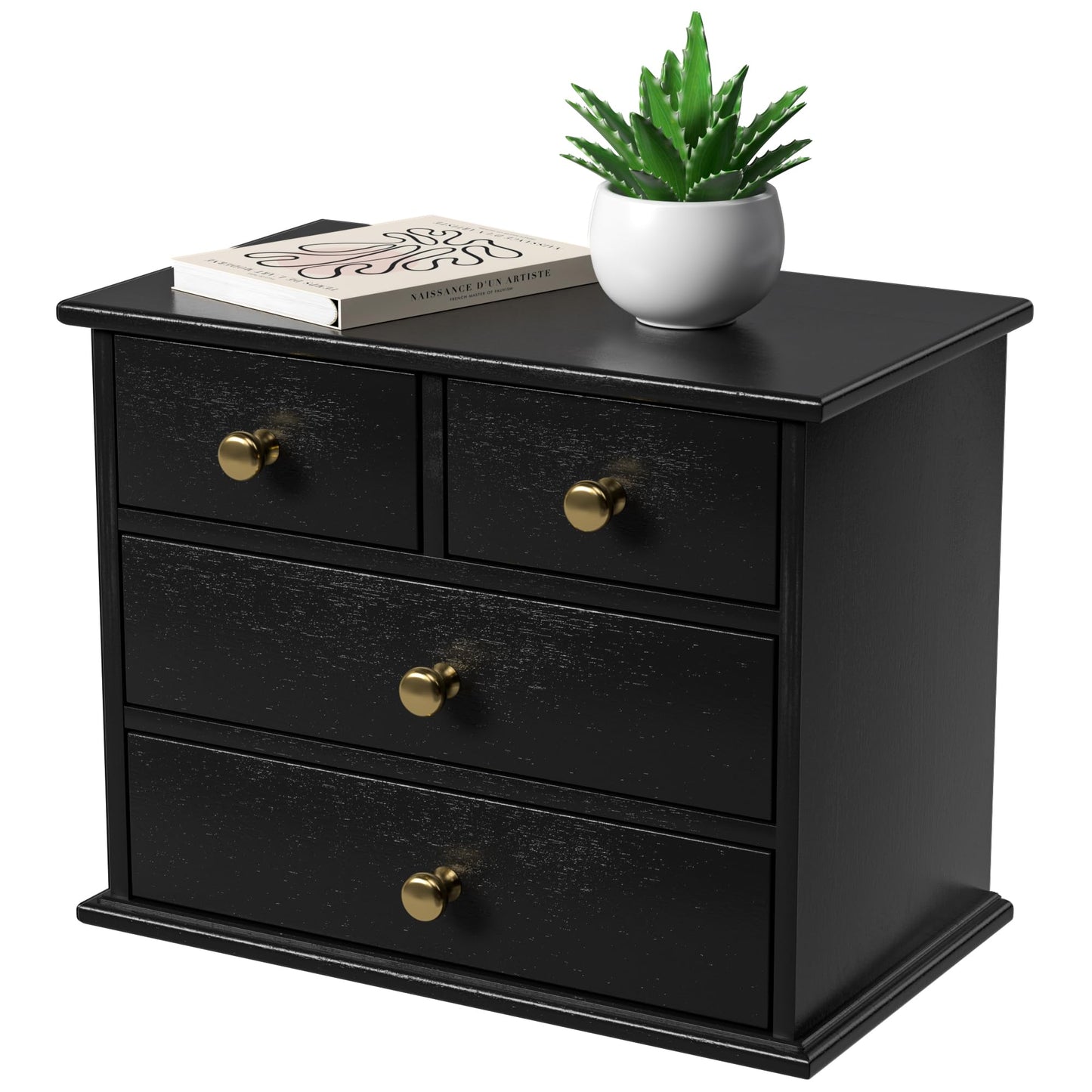 Oak Desk Organizer with Drawers, Durable Wooden Desktop Storage Box with Metal Handles & Non-Slip Silicone Pads, 4 Drawer Tabletop Organizer for Office, Bedroom, Bathroom, Vanity, and Makeup – Black