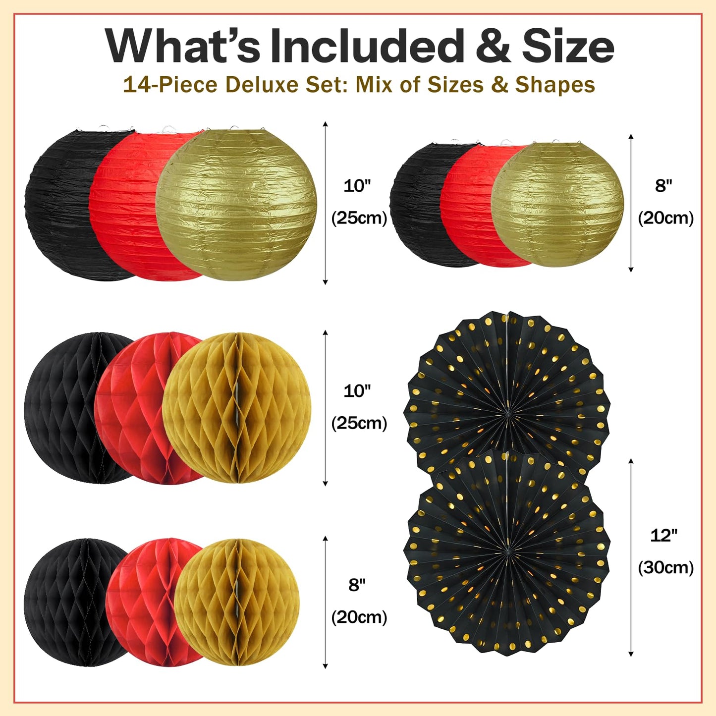 14 Pack Red Black and Gold Party Decorations Kit, Hanging Paper Lanterns & Fans for Casino Night, Red Carpet, Hollywood Theme Party, Game Night, Hibachi Party and Graduation