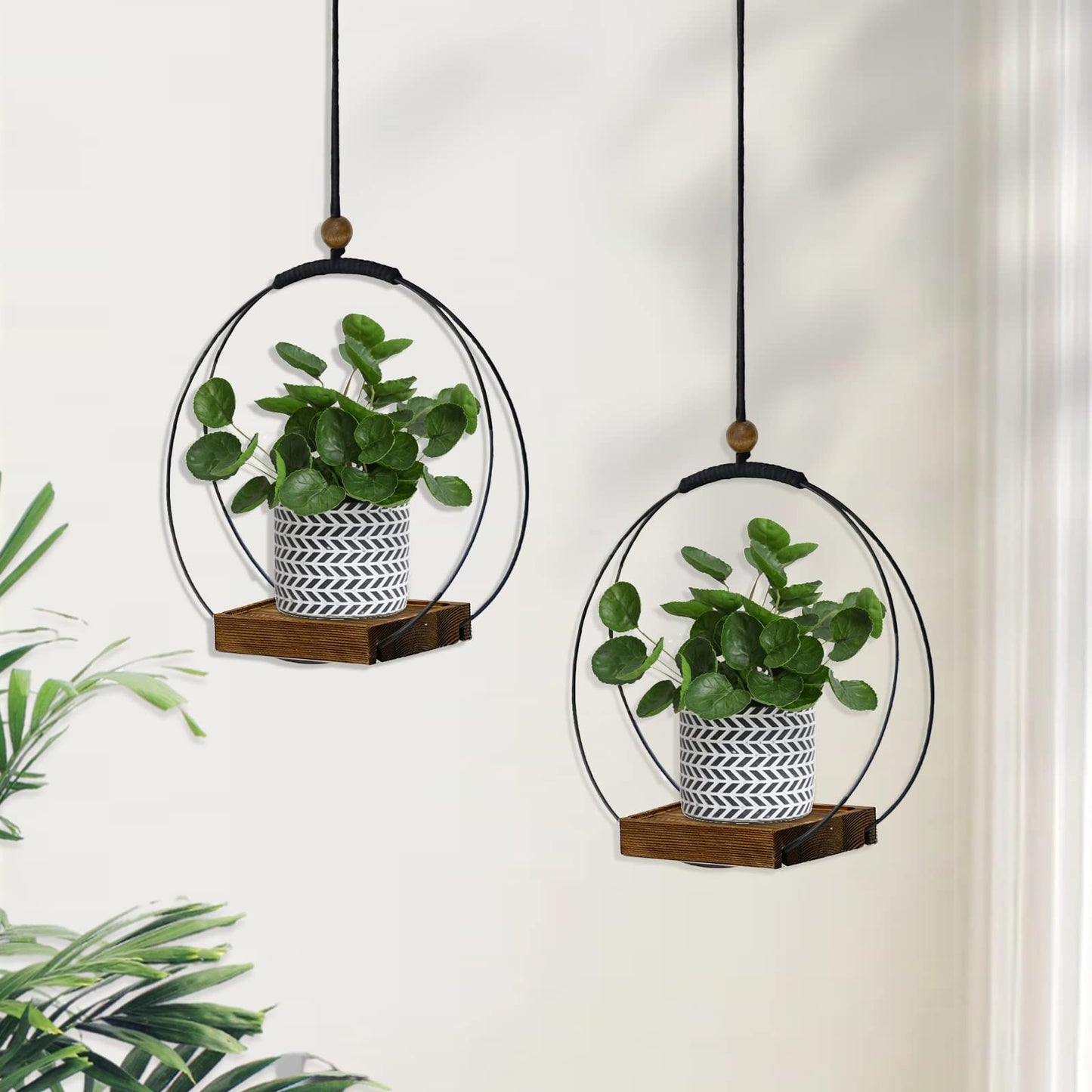 hismocal 2 Pack Hanging Planter for Indoor Plants, Black Plant Hanger with Sturdy Wood Base, Modern Boho Macrame Hanger, Wall Ceiling Window Planter (Plants/Pots Not Included)