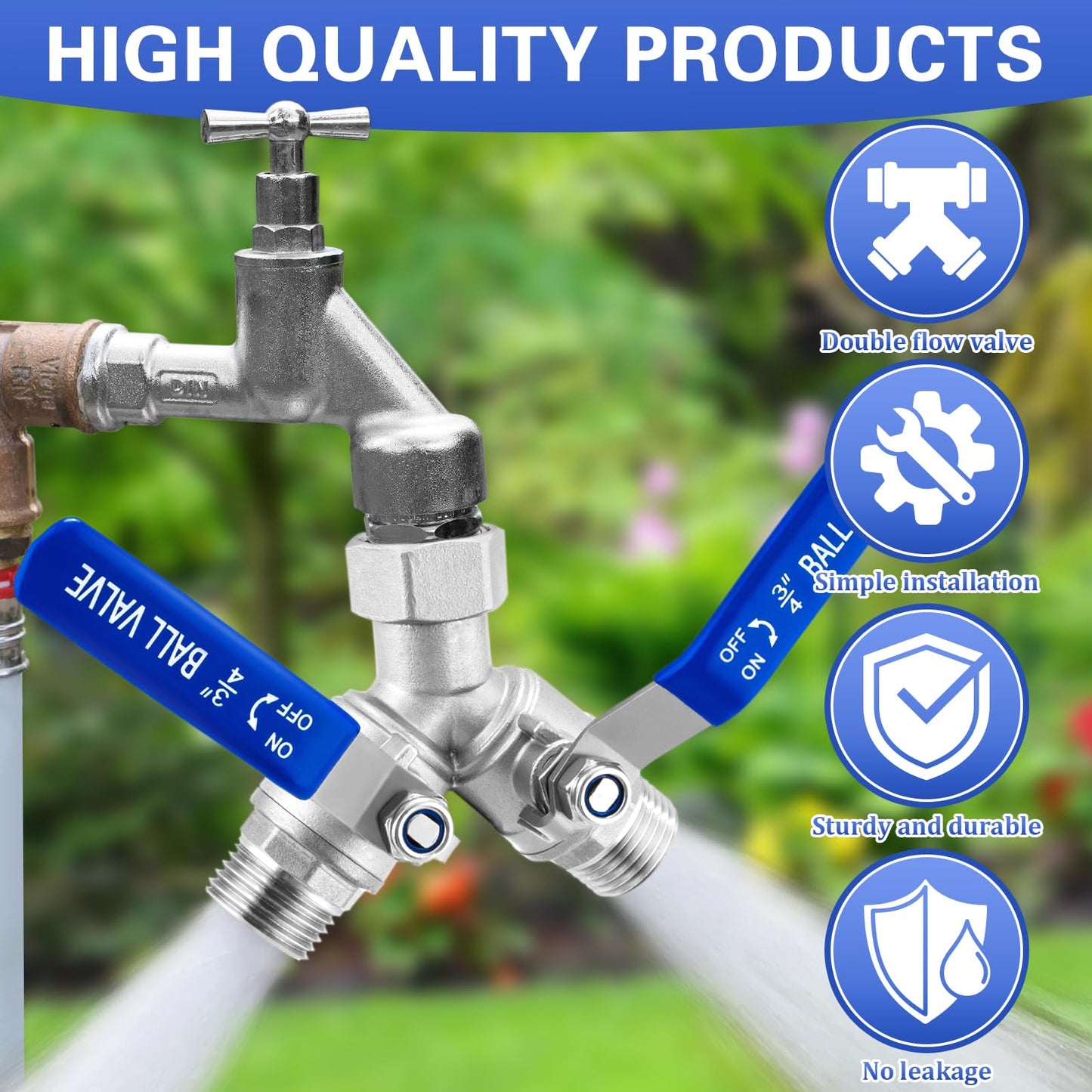 Garden Hose Splitter, 304 Stainless Steel 2 Way Hose Splitter with Long Handle, Heavy Duty Hose Y Spigot Splitter with Shutoff Valves, 3/4" GHT Thread Outdoor Faucet Splitter