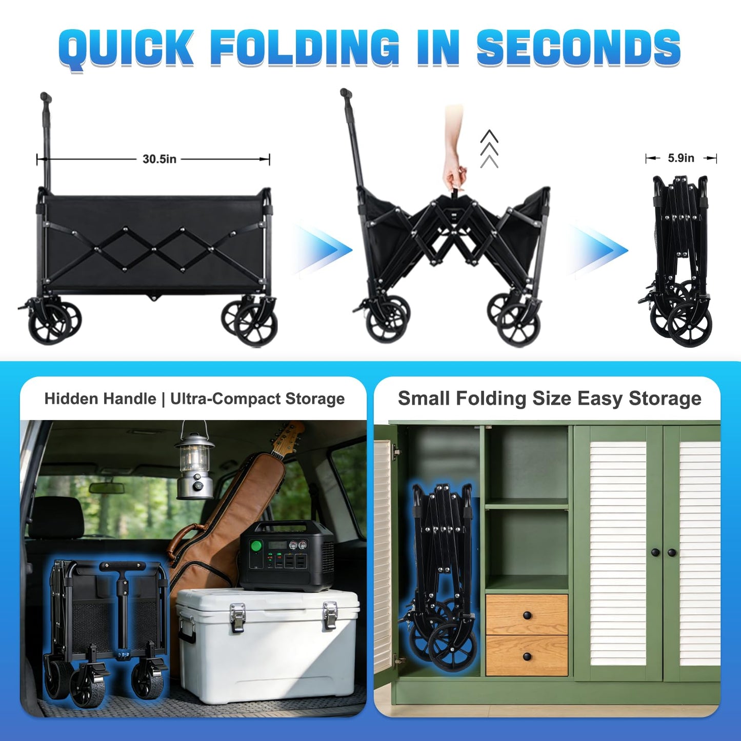 Collapsible Wagon Cart Foldable with Wheels - Heavy Duty 360LBS Portable Folding Utility Shopping Cart with 360° Swivel Brakes Wheels & Cup Holders for Outdoor Camping Beach Grocery Garden
