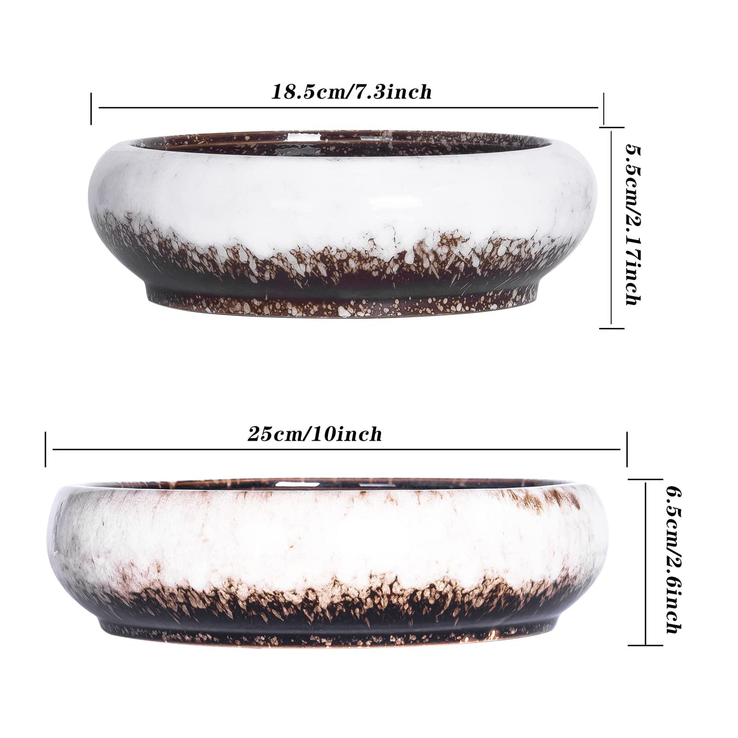 ARTKETTY Succulent Pots with Drainage, Large Succulent Planter with Stand and Saucer Shallow Bonsai Pots Ceramic Cactus Flower Planter Pot for Indoor Plants (7.3 and 10'')