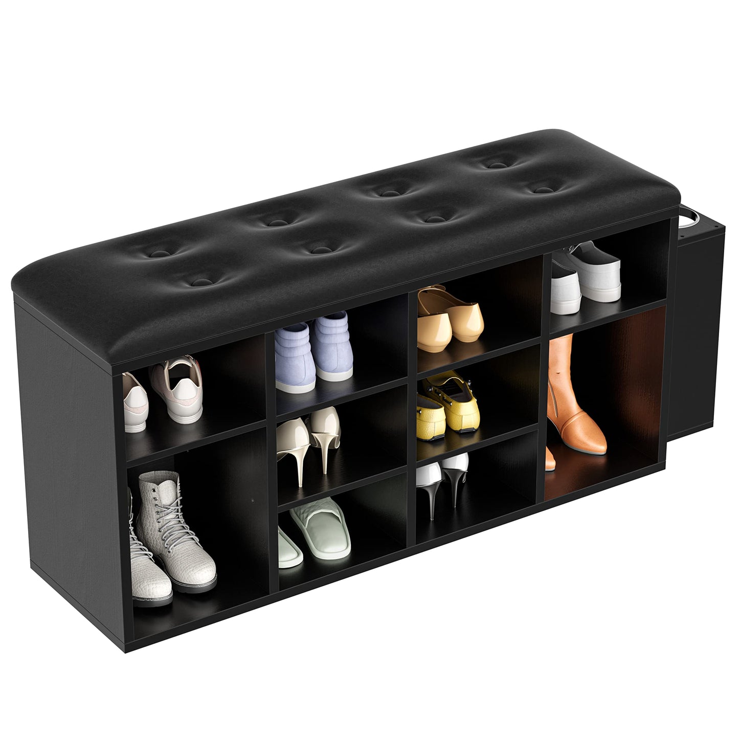 IRONCK Shoe Bench, Ten Cubbies Storage Entryway Bench with PU Leather, Cubby Shoe Rack Organizer with Adjustable Shelves for Living Room, Bedroom, Black