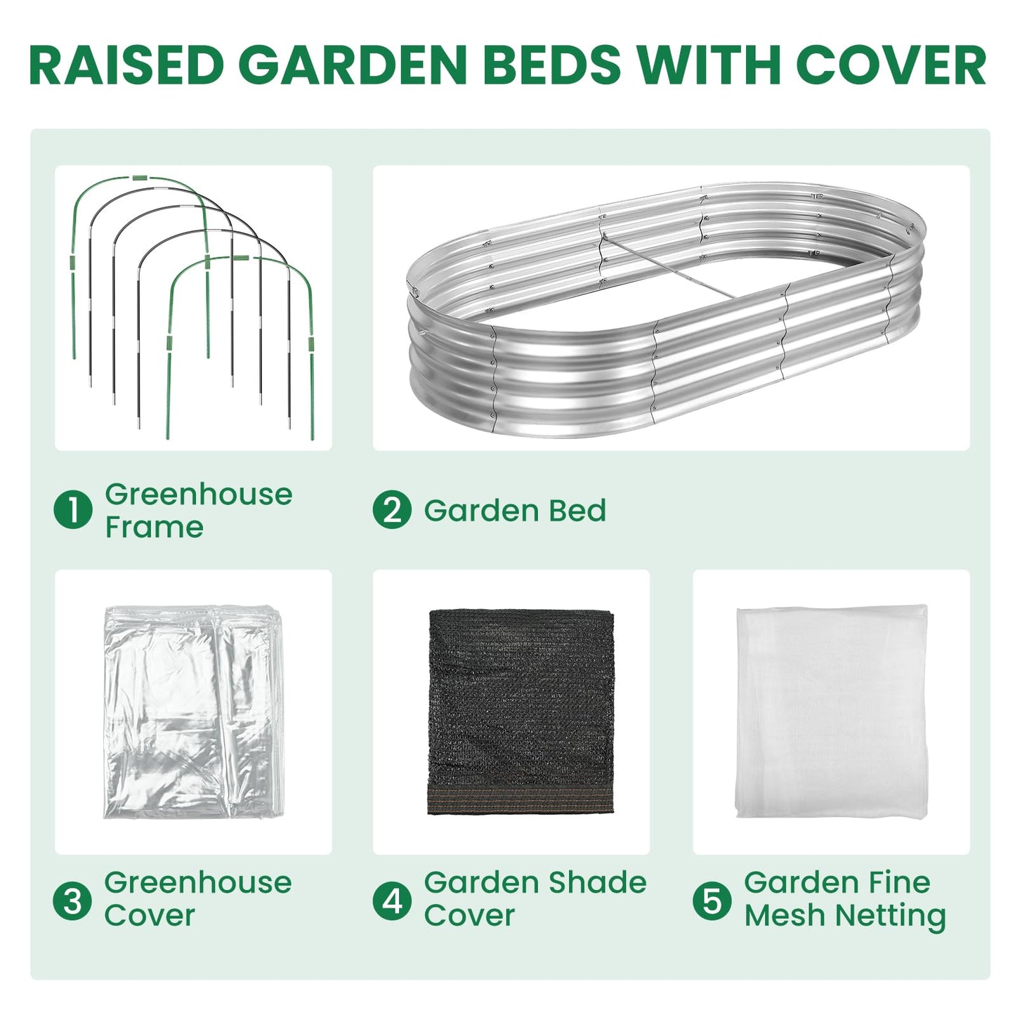 Raised Garden Bed with Greenhouse Frame and 3 Covers, 6x3x1 FT Garden Planting Box, Galvanized Metal Oval Tall Planter Box for Outdoor Gardening, Large Planting Space for Vegetables, Flowers