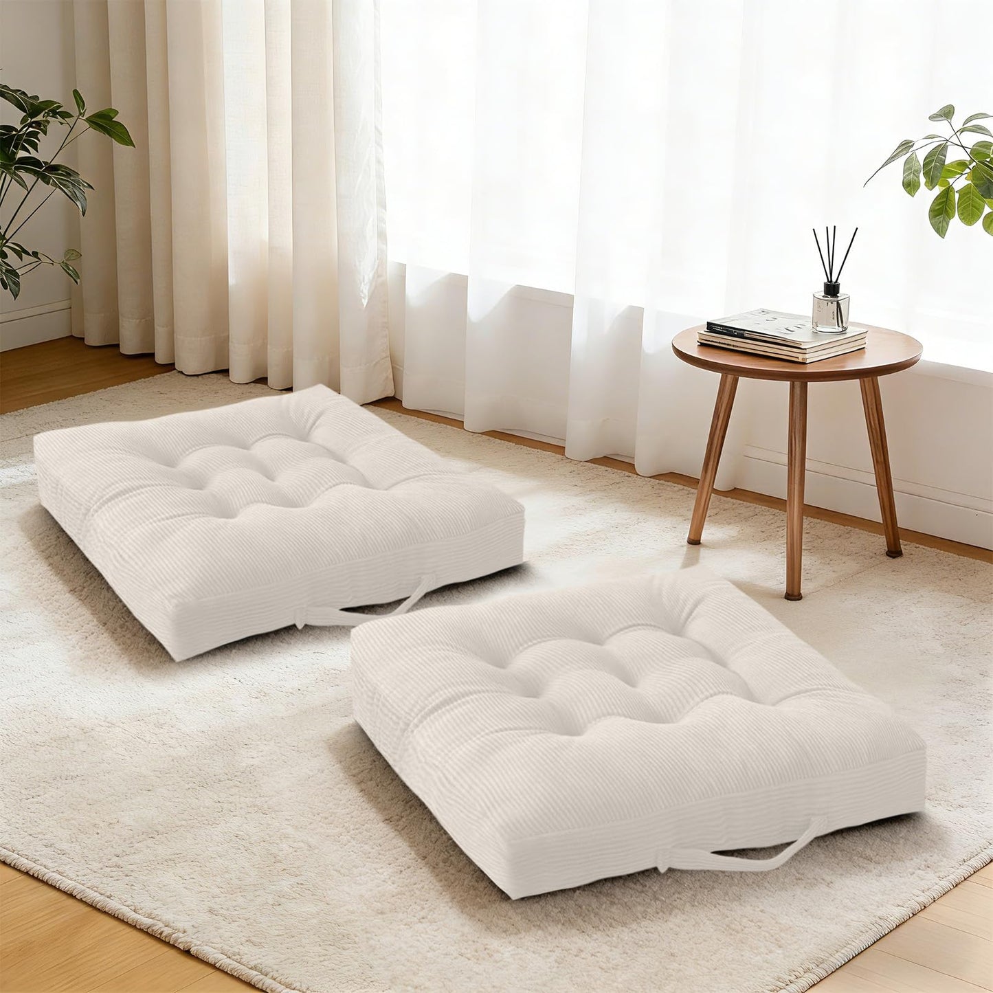 Cyditan Beige Floor Cushion Floor Sitting Cushions Tufted Velvet Portable Seat Cushions with Handle, 18x18 Inch Set of 2, Machine Washable Chair Pads for Kitchen Dining Room Patio Seats