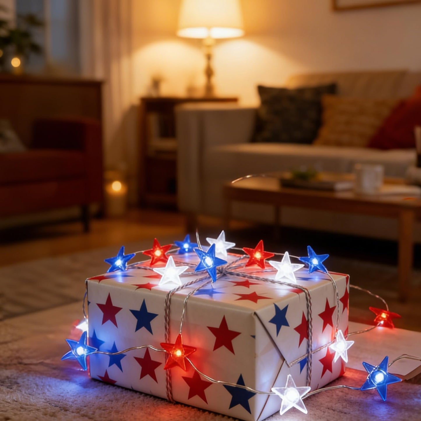 JUSTPRO 100 LED Patriotic Star Lights with Flexible Copper Wire, Plug-in Powered, 8 Lighting Modes for National Day Holiday Indoor Outdoor Decor