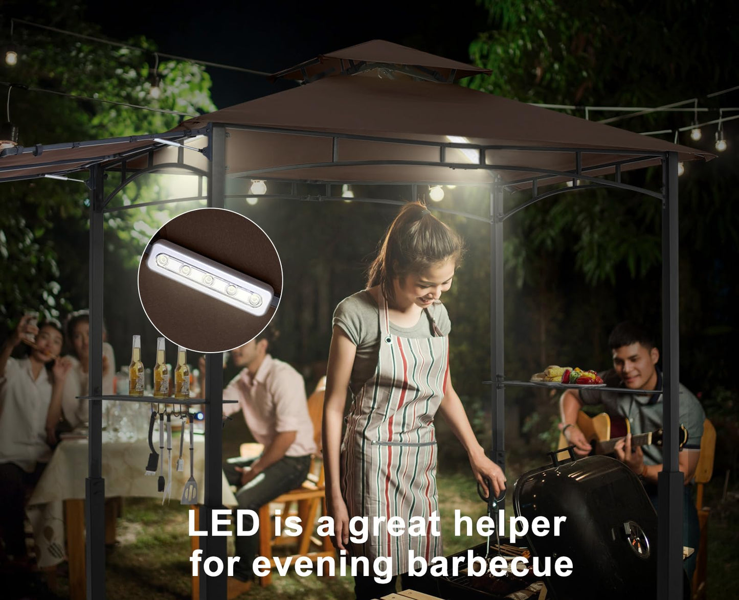 ABCCANOPY Grill Gazebo with Extra Awning - 11x5 Outdoor BBQ Canopy Shelter with 2 Led Lights for Patio Backyard Grilling (Coffee)