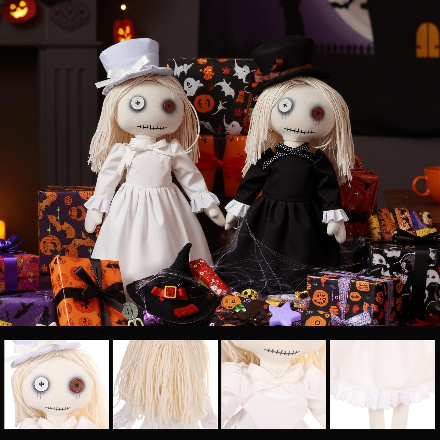 AiMiAO 2 Pack Gothic Rag Dolls, Halloween Decorative Dolls with Hats, Creepy Cute Fabric Dolls for Spooky Party Collection
