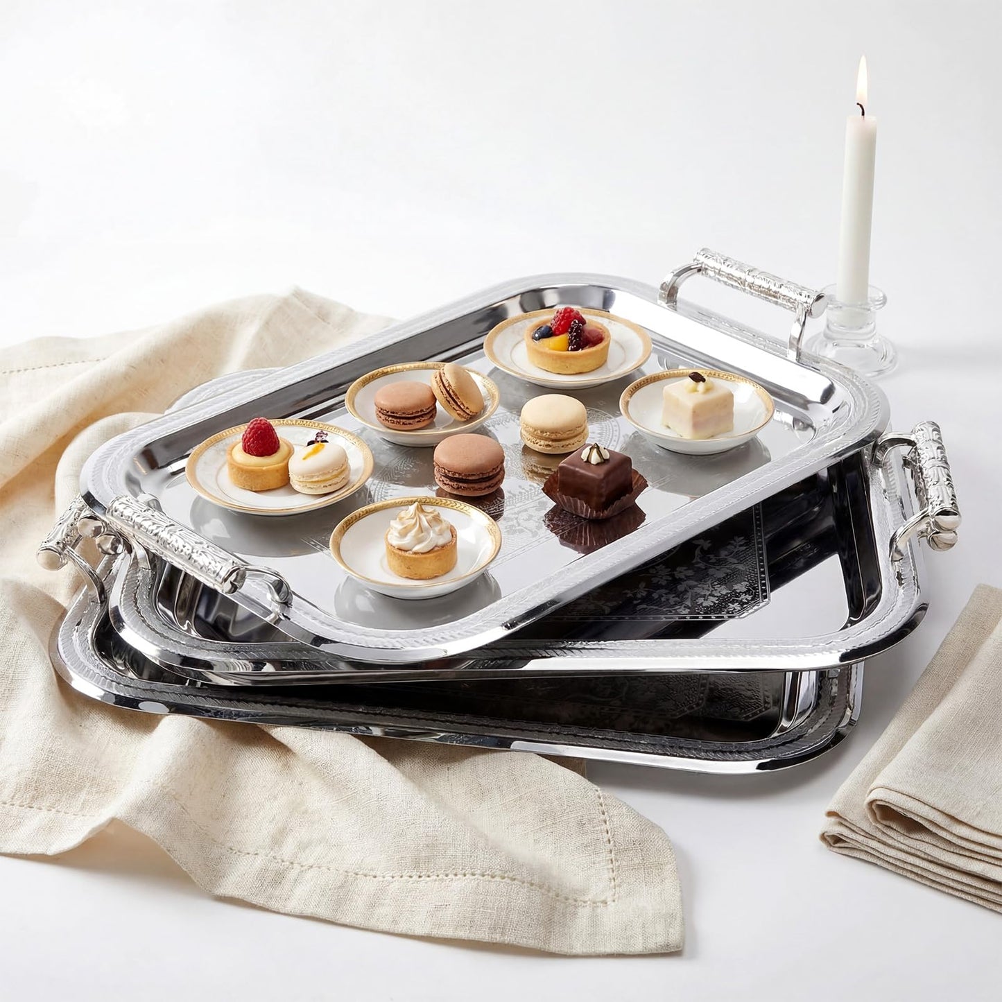 Teecyhooo 4 Pack Stainless Steel Serving Tray with Handle, 16 x 11.4 Inch Large Silver Plate Elegant Floral Metal Platter Tableware for Buffet Wedding Birthday Decorative