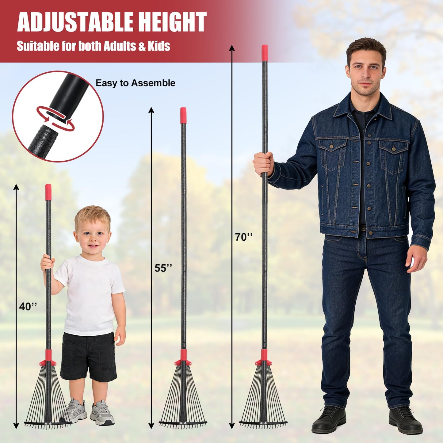 Garden Rake for Leaves: 55 Inch Adjustable Long Handle 18 Metal Tines with 8-17" Expandable Head Heavy Duty Metal Rake for Lawns Leaves Yard Grass Camping Debris