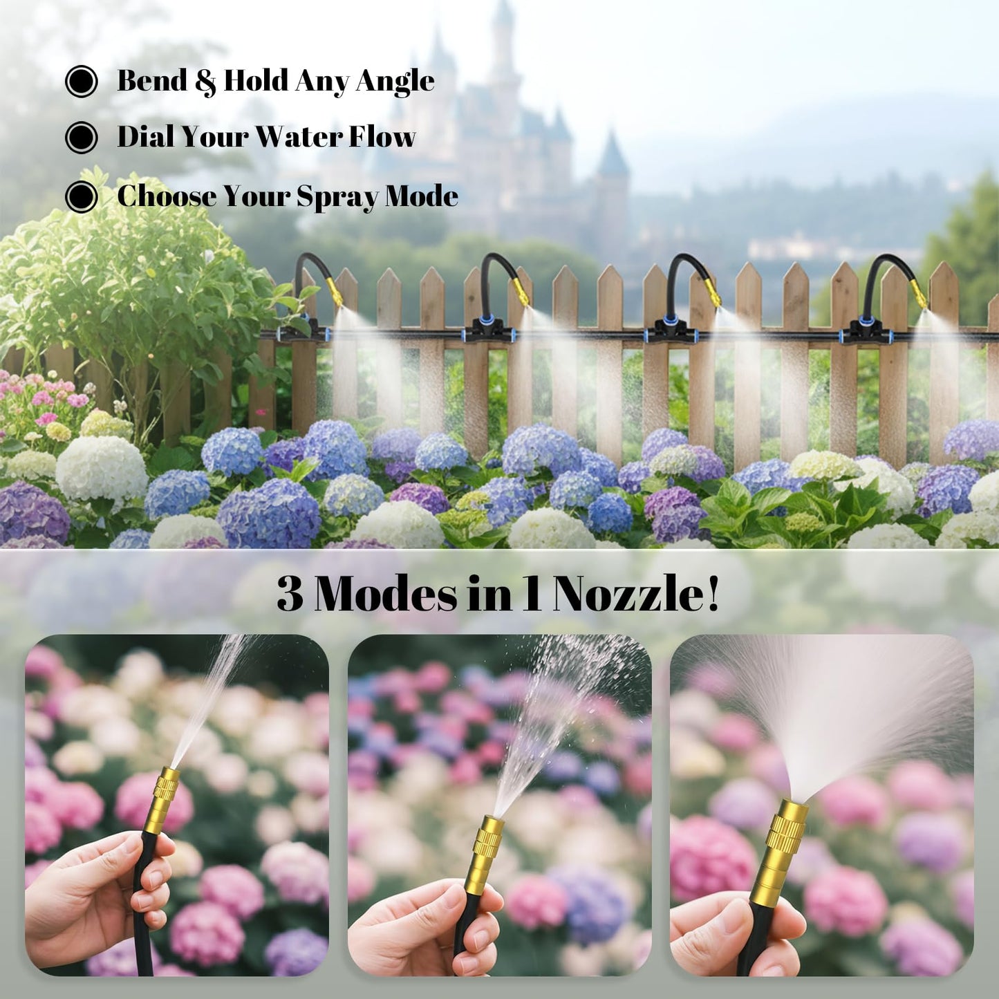 100ft 1/4-Inch Drip Irrigation Kit with 16 Adjustable Copper Nozzles, Automatic Atomizing Watering Sprinkler System for Garden, Raised Beds, Lawn, Greenhouse & Patio