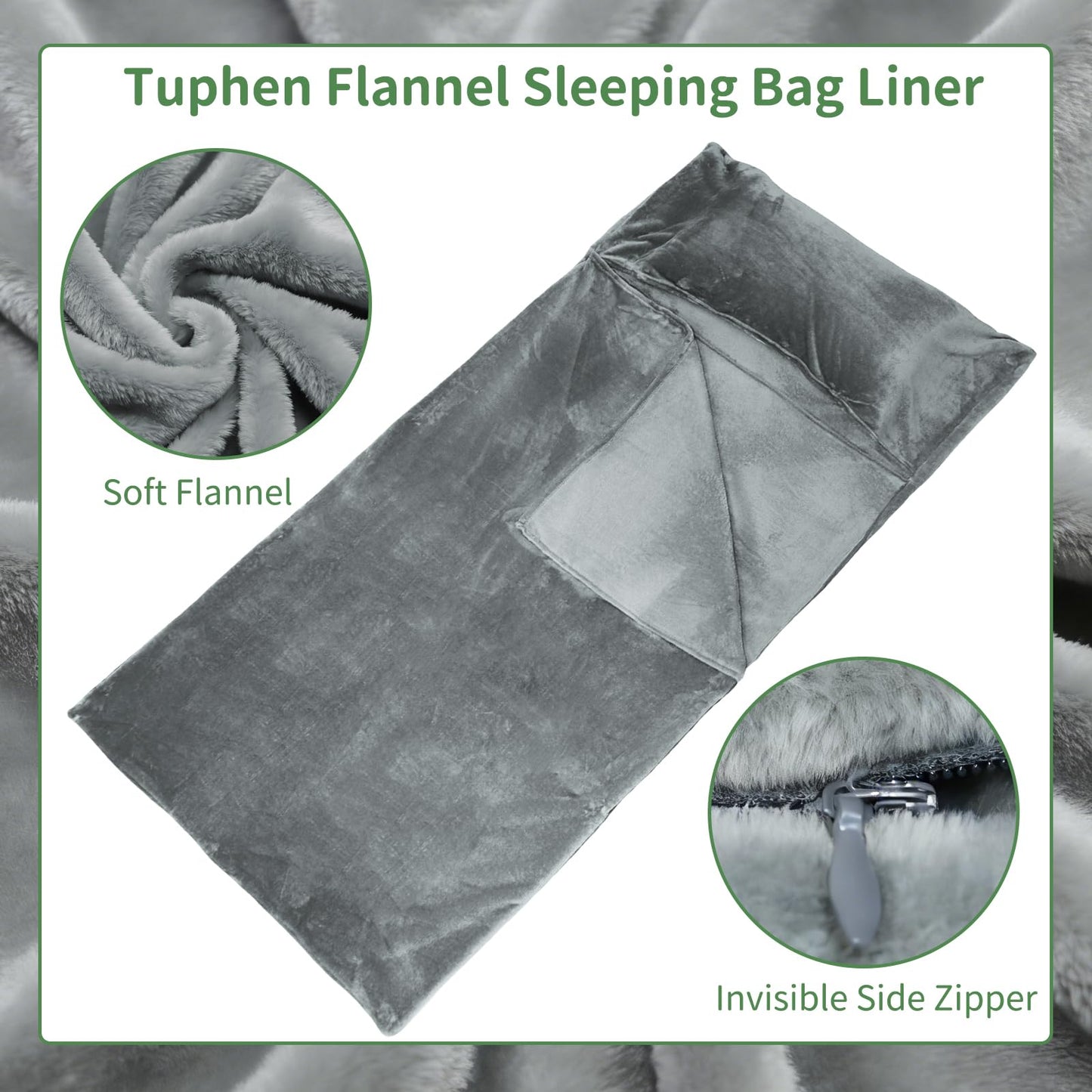 Tuphen Flannel Sleeping Bag Liner, XXL Fluffy Adult Sleeping Sack with Hidden Zipper for Warm or Cold Weather, Thick Travel Sheets for Hotel,Camping,Backpacking,Traveling & Dirty Proof,Gray,86 x 41‘’