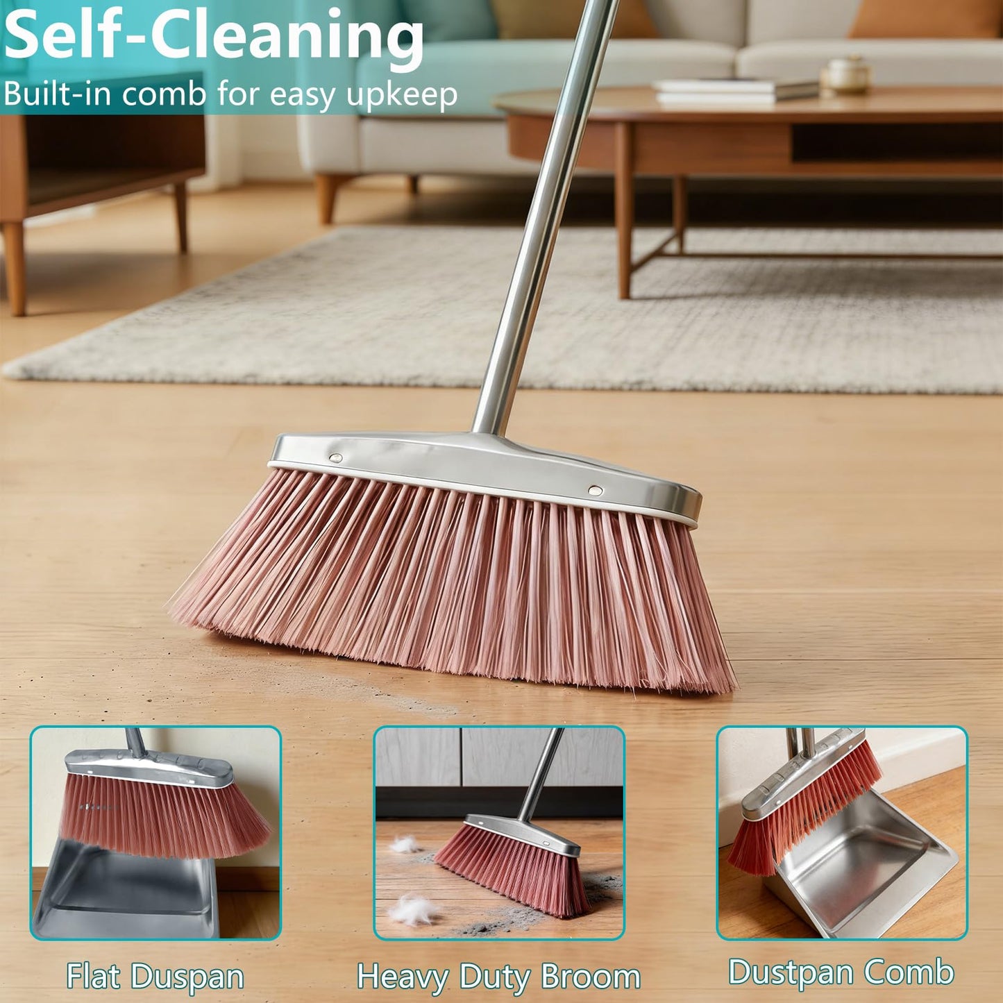 Stainless Steel Broom and Dustpan Set, 2-Piece, Long Handle Standing Design with Comb Teeth, Heavy Duty Windproof Upright for Home, Kitchen, Indoor Outdoor Use (Silver Teeth)