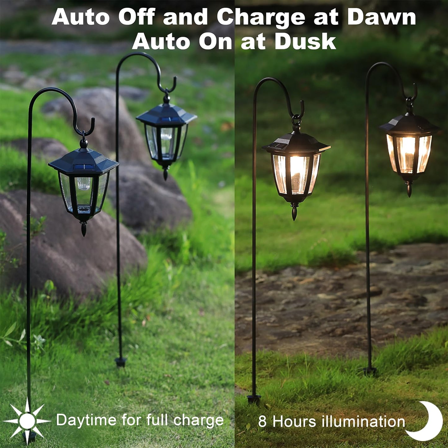Dynaming 6 Pack Solar Hanging Lights Outdoor, Solar Powered Garden Decorative Lanterns with 6 x 38 Inch Shepherd Hooks, Waterproof Landscape Lighting for Lawn Patio Yard Pathway Driveway, Warm White