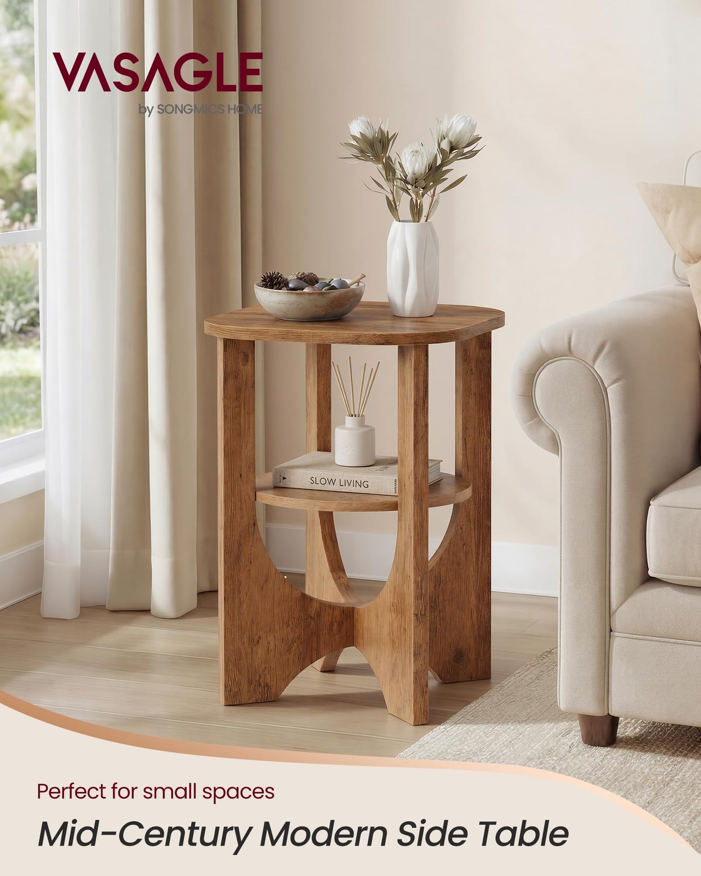 VASAGLE Side Table, 2 Tier Small Accent End Table, Nightstand with Lower Shelf for Small Spaces, Living Room, Bedroom, Honey Brown ULET233M101S