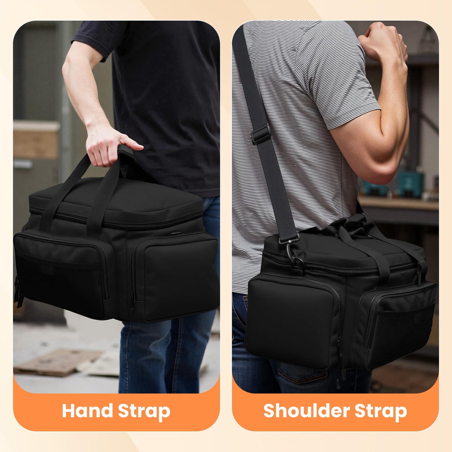 VJI Heavy Duty Tool Bag with Multi-Pockets, Portable Storage Bag with Large Zipper, Carrying Toolbag with Adjustable Shoulder Strap and Ergonomic Handle, Repairman, Carpenters, Handyman, Black