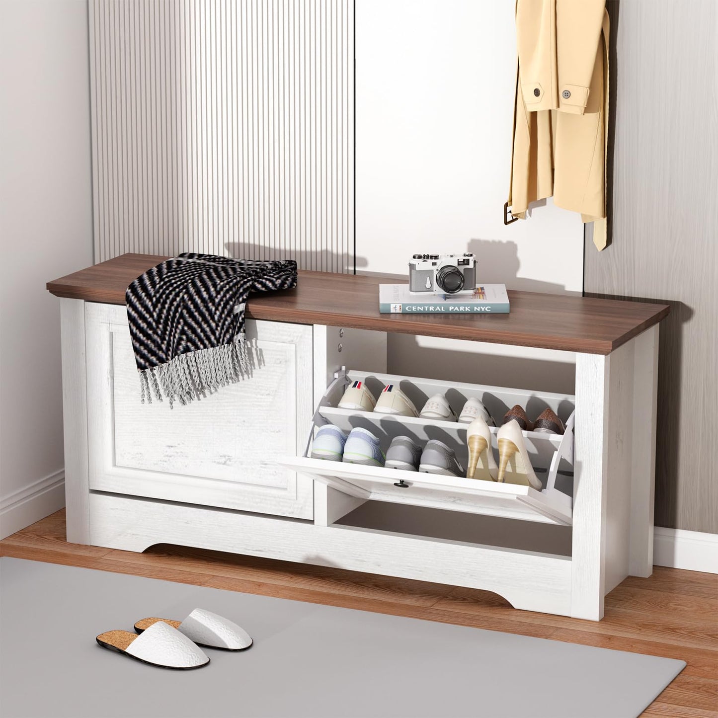 TOOBVEST Shoe Storage Bench with Flip Drawers, Entryway Shoe Cabinet with Seat, Wooden Shoe Organizer Bench for Hallway, Foyer, Living Room, Small Space, White Walnut