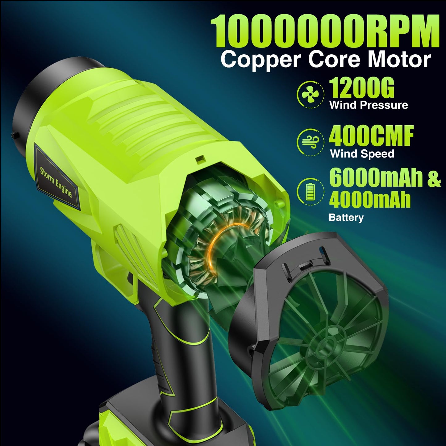 Leaf Blower Cordless with Battery and Charger 1000,000 RPM Handheld Lightweight Patio Cleaning Blower Set Extended Nozzle Design Blowing Leaves and Dust Car Dryer (Green)