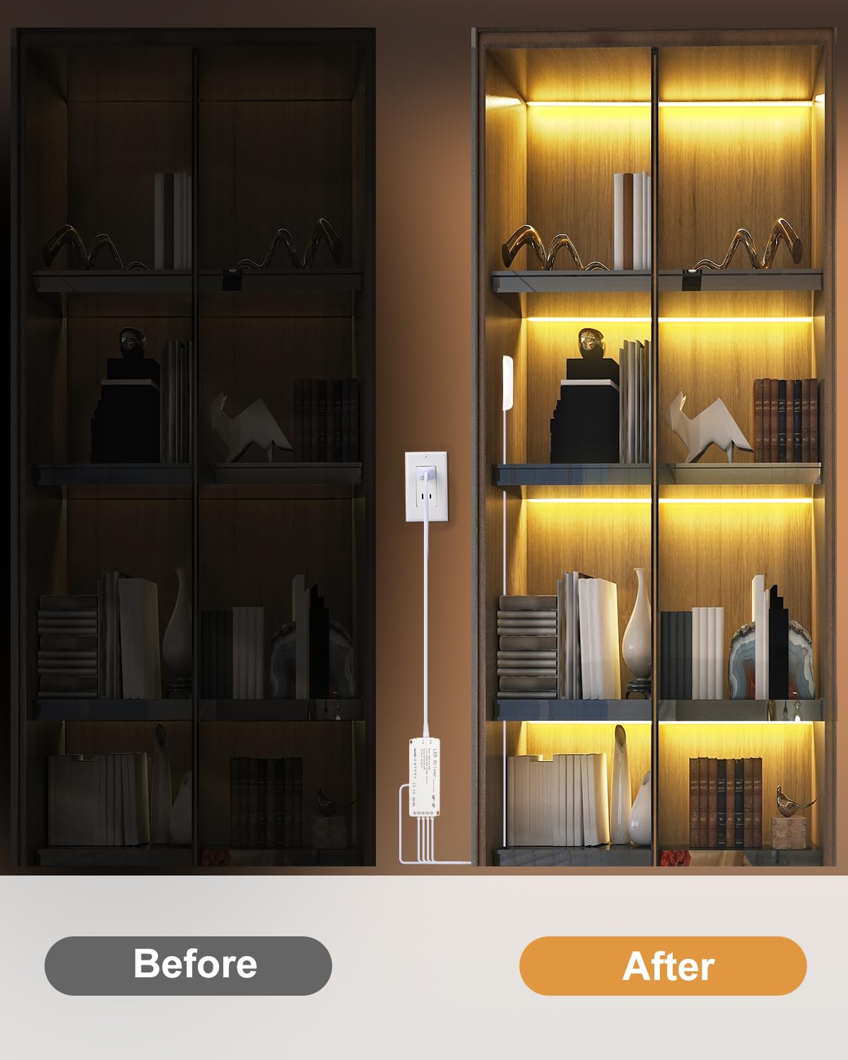 JUSJUBR LED Shelf Lights, 16.4ft Dimmable Cuttable COB LED Strip Lights, Warm White 3000K, Under Shelf Lighting for Bookshelf, Display Cabinet, Closet, Kitchen and Pantry