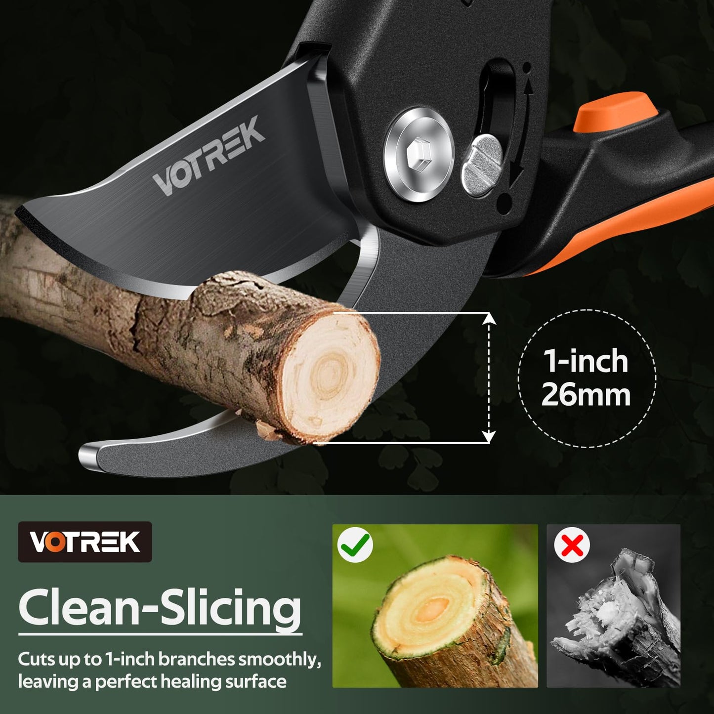 VOTREK® Pruning Shears, [Patented Stepless Handle Opening] - Garden Clippers with Ultra-Sharp SK5 Steel for Weak Hand, Bonsai Scissor Universal Fit for All Hand Sizes, Effortlessly Cut 1-Inch Branches