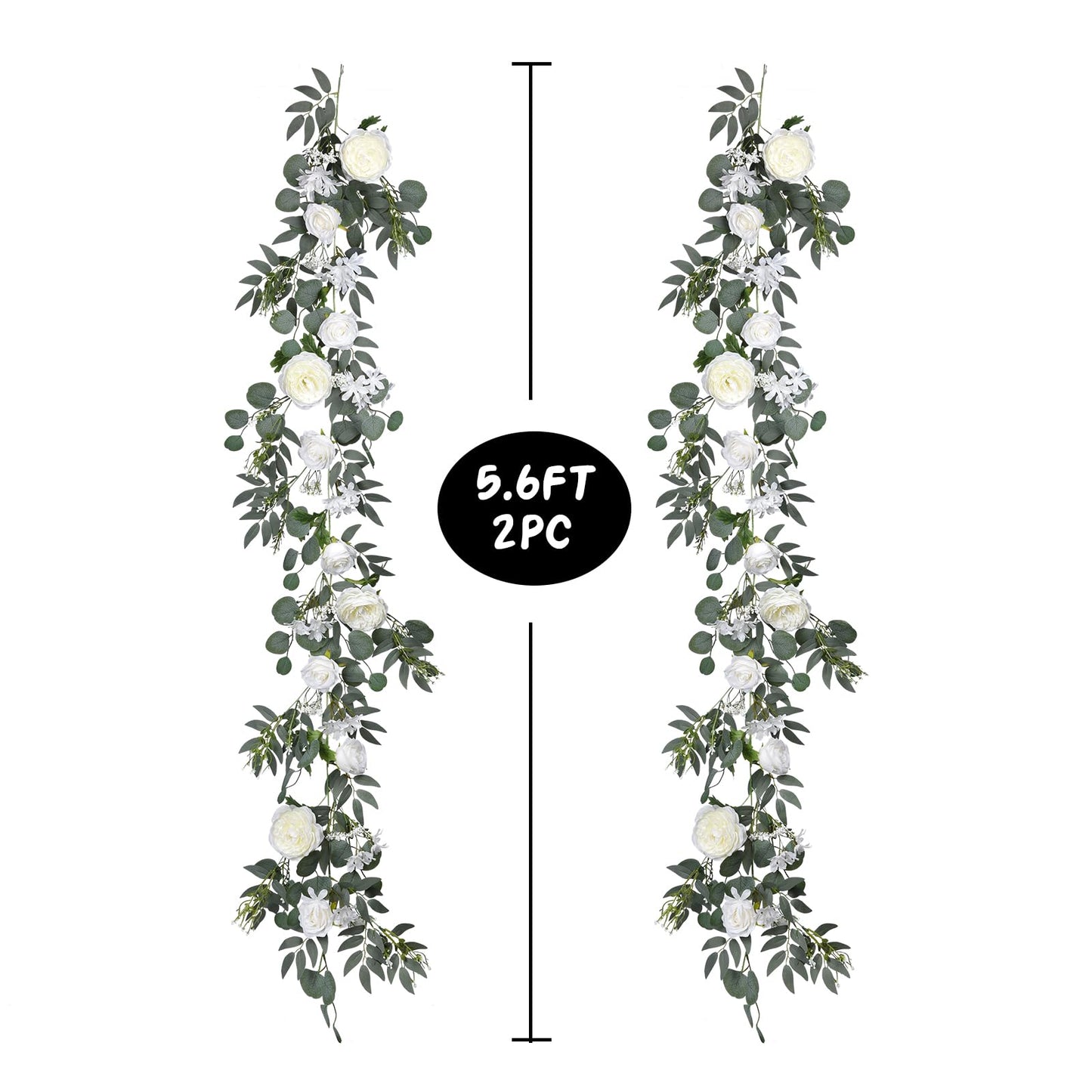DearHouse 2Pcs Artificial Peony Flower Garland and - Silk Peony Garland with Flowers and Eucalyptus for Wedding Party Table Decoration,6ft/Strand (White)