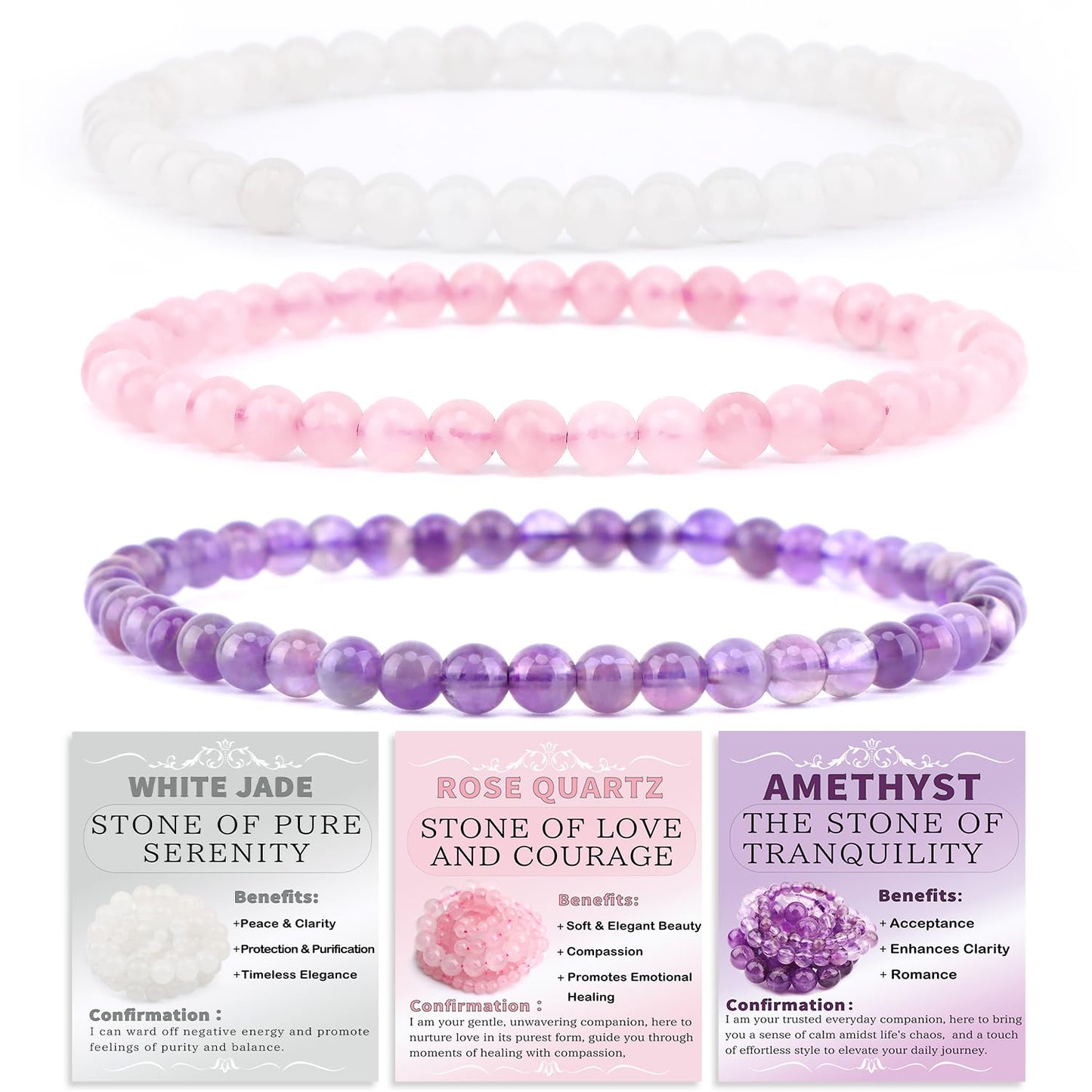 CMBYN 3-Pieces 4mm Natural Crystal Gemstone – ﻿Amethyst, Pink Quartz, White Jade Handmade Reiki Energy Healing Stretch Bracelets Jewelry for Yoga, Meditation, Unisex