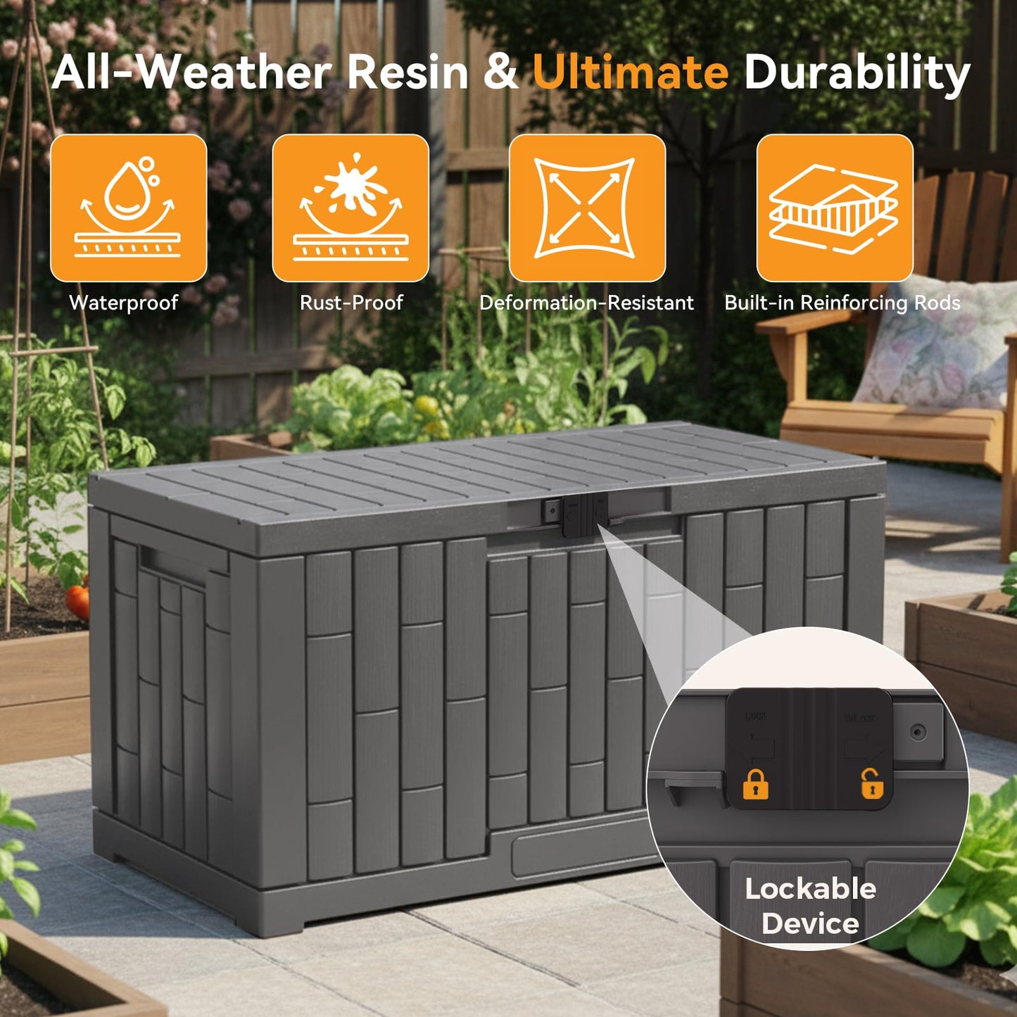 DUMOS 60 Gallon Deck Box, UV Resistant Waterproof Storage Bin for Patio Cushions Gardening Tools, Lockable Resin Outdoor Storage Box with Hundles, Grey