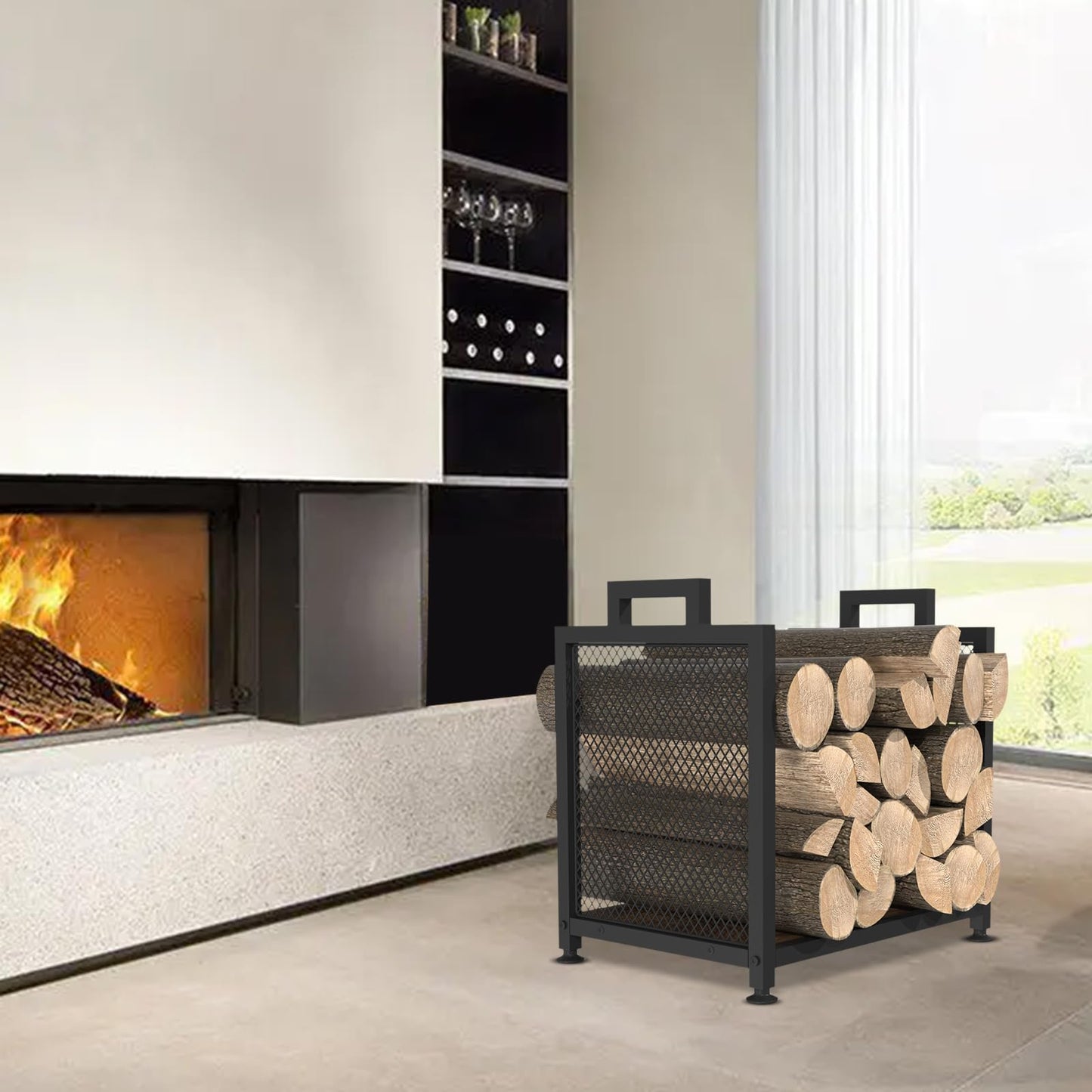 VyGrow Firewood Rack for Indoor, Heavy Duty Fire Wood Racks Holder, 17.32" Metal Wood Storage Log Holder with Leather Carrier, Small Firewood Stand for Fireplace Patio Deck, Black