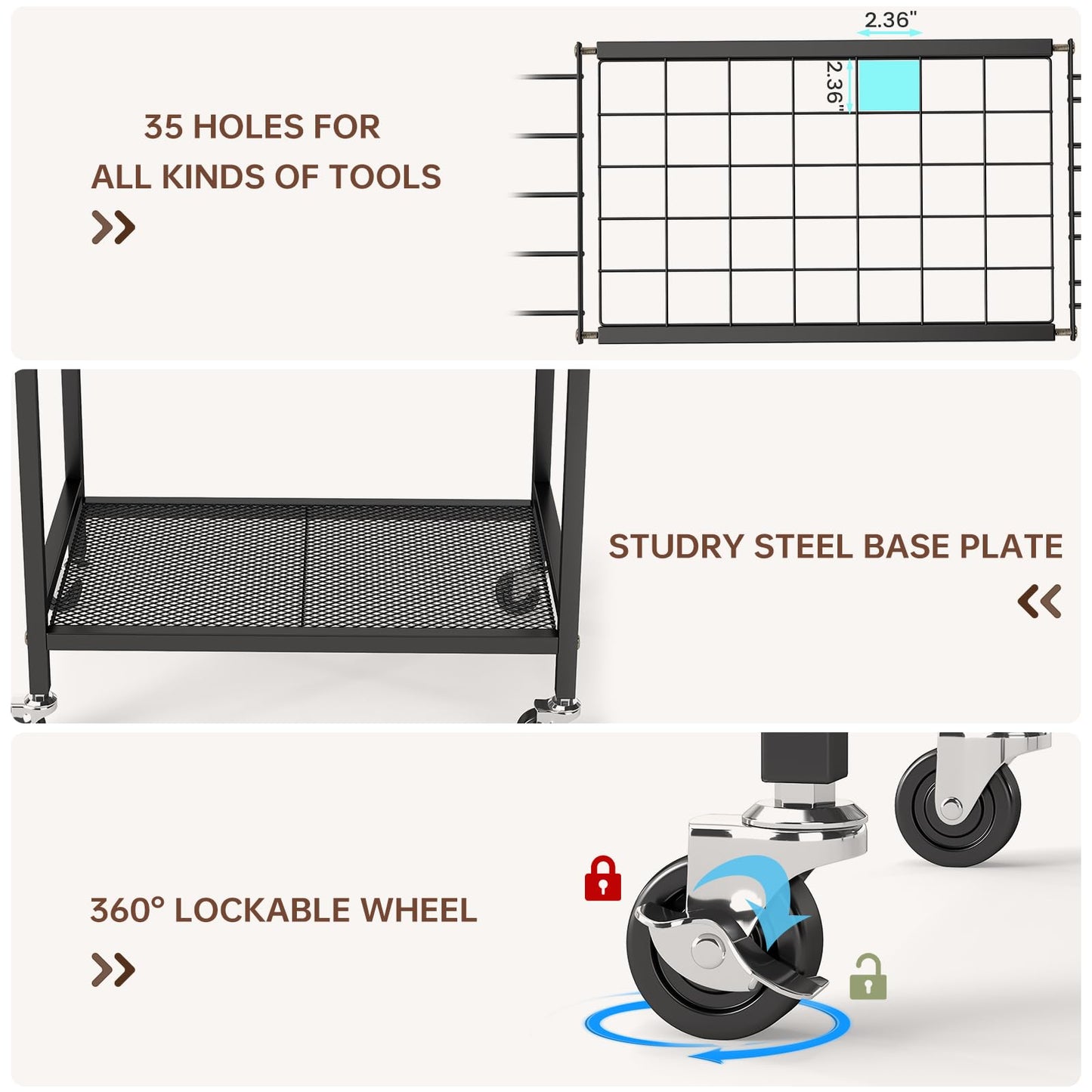 Hadulcet Garden Tool Organizer, Metal Garage Organization and Storage with Lockable Wheels, Garden Tool Rack with Storage Hooks, Heavy Duty Yard Tool Organizer for Garage, Shed, Lawn, Outdoor, Black